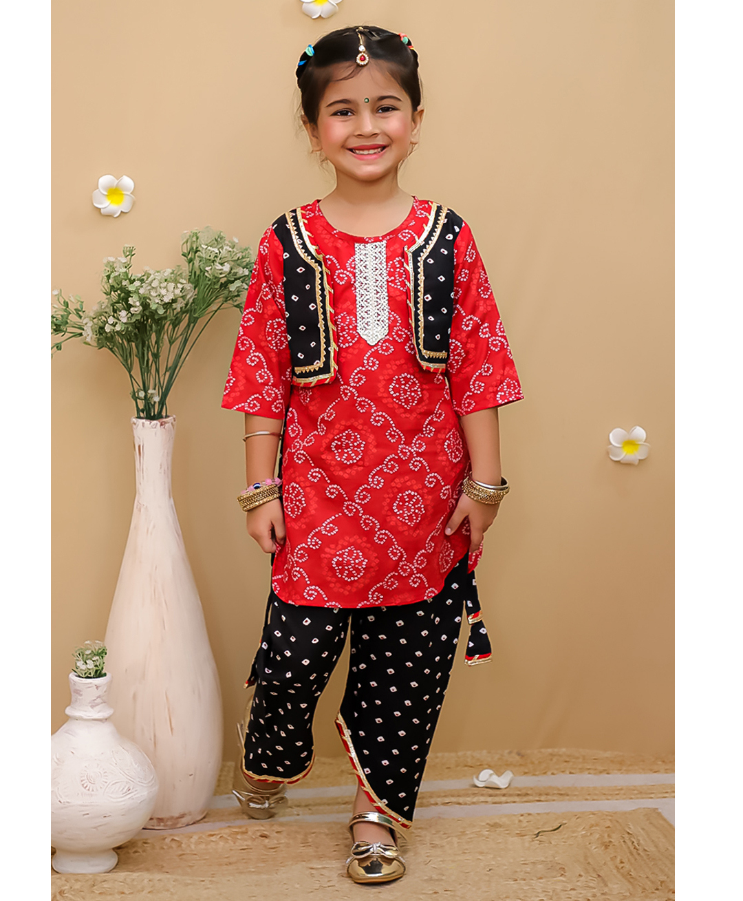 Junitos Cotton Woven Three Fourth Sleeves Bandhani & Floral Printed Attached Jacket Kurti With Dhoti Pant Set - Red & Black-picture-18