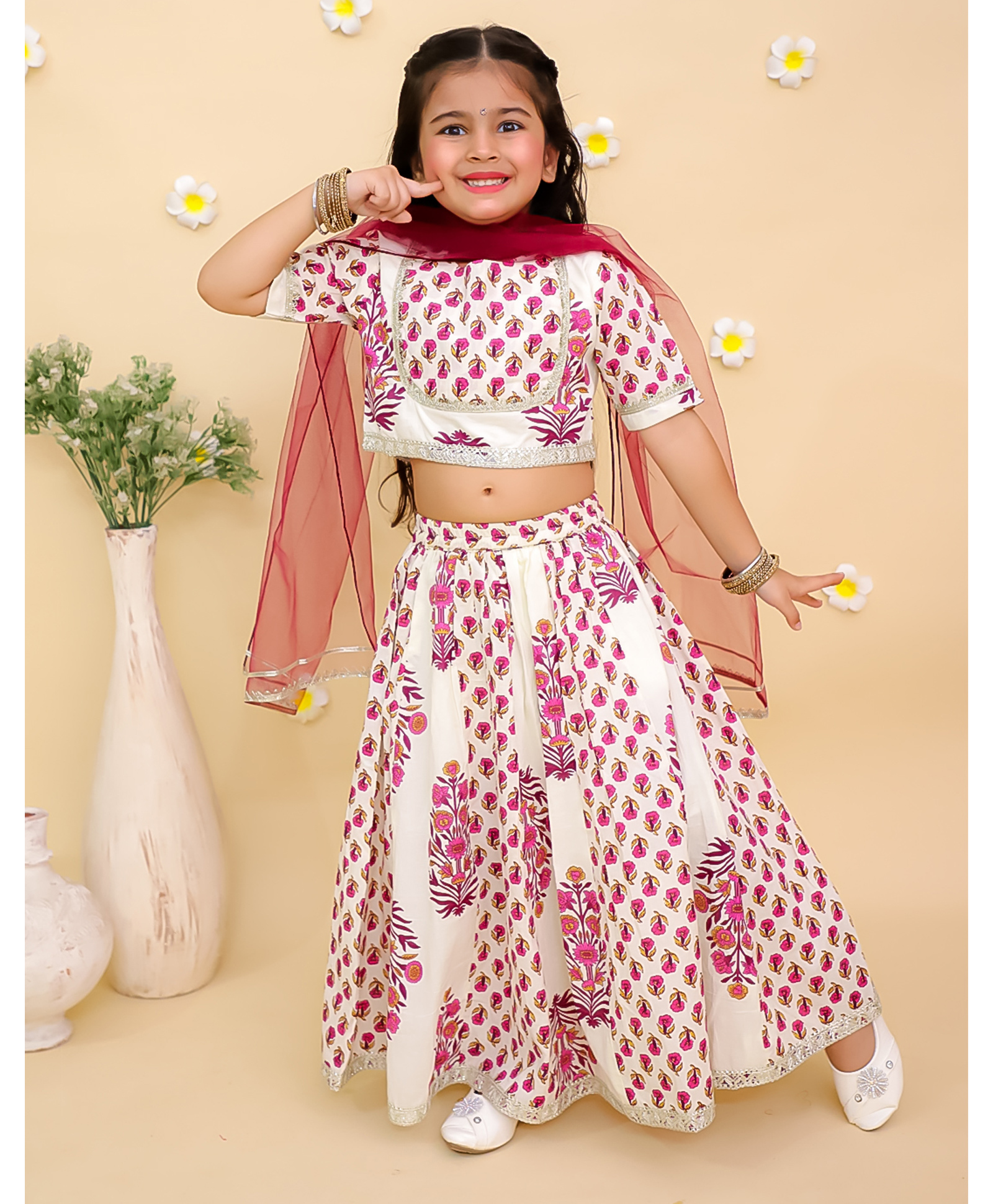 Junitos Cotton Woven Half Sleeves Floral Printed & Gota Lace Embellished Coordinating Lehenga Choli With Dupatta Set - Cream & Purple-picture-25