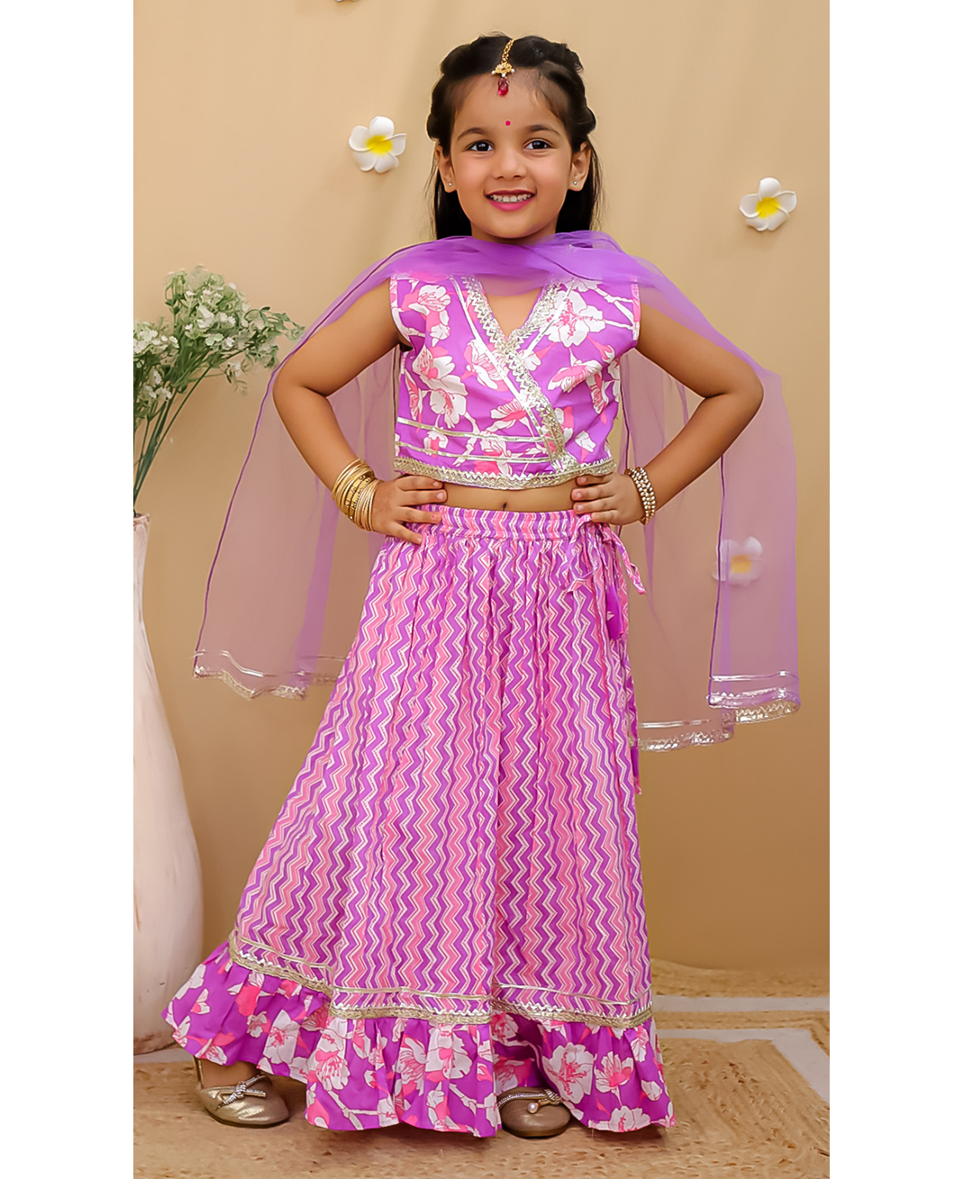 Junitos Cotton Woven Sleeveless Floral Printed Lehenga Choli With Dupatta - Purple-picture-18
