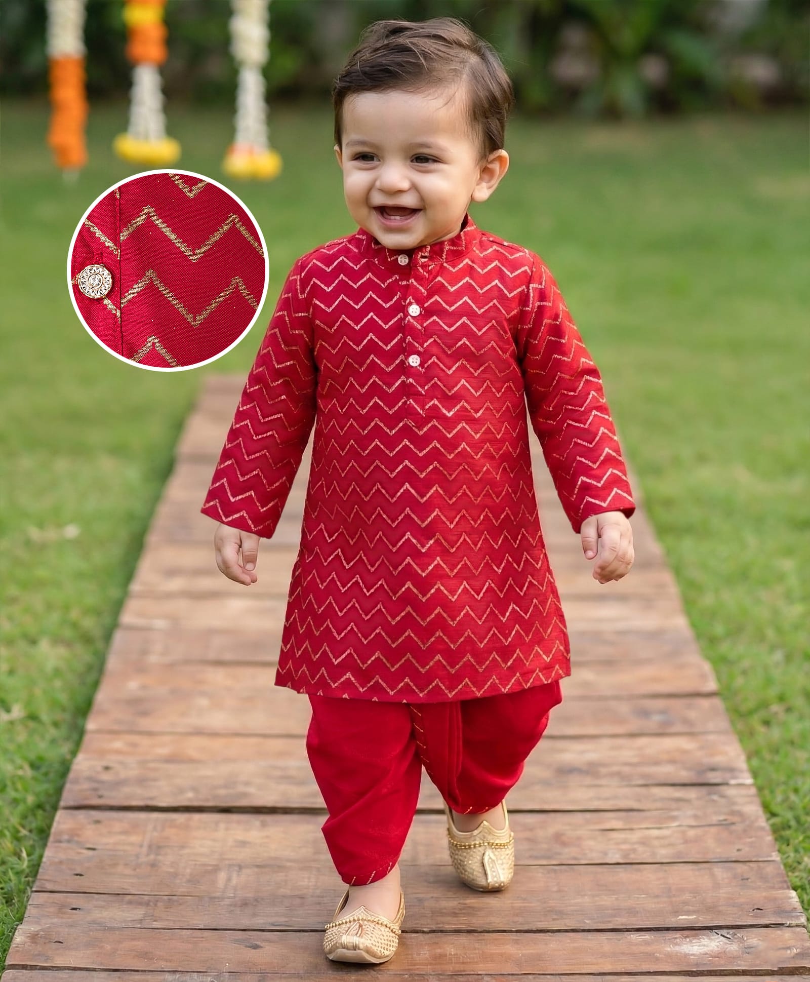 Babyhug Georgette Woven Full Sleeves Printed Kurta Dhoti Set - Maroon-image-13