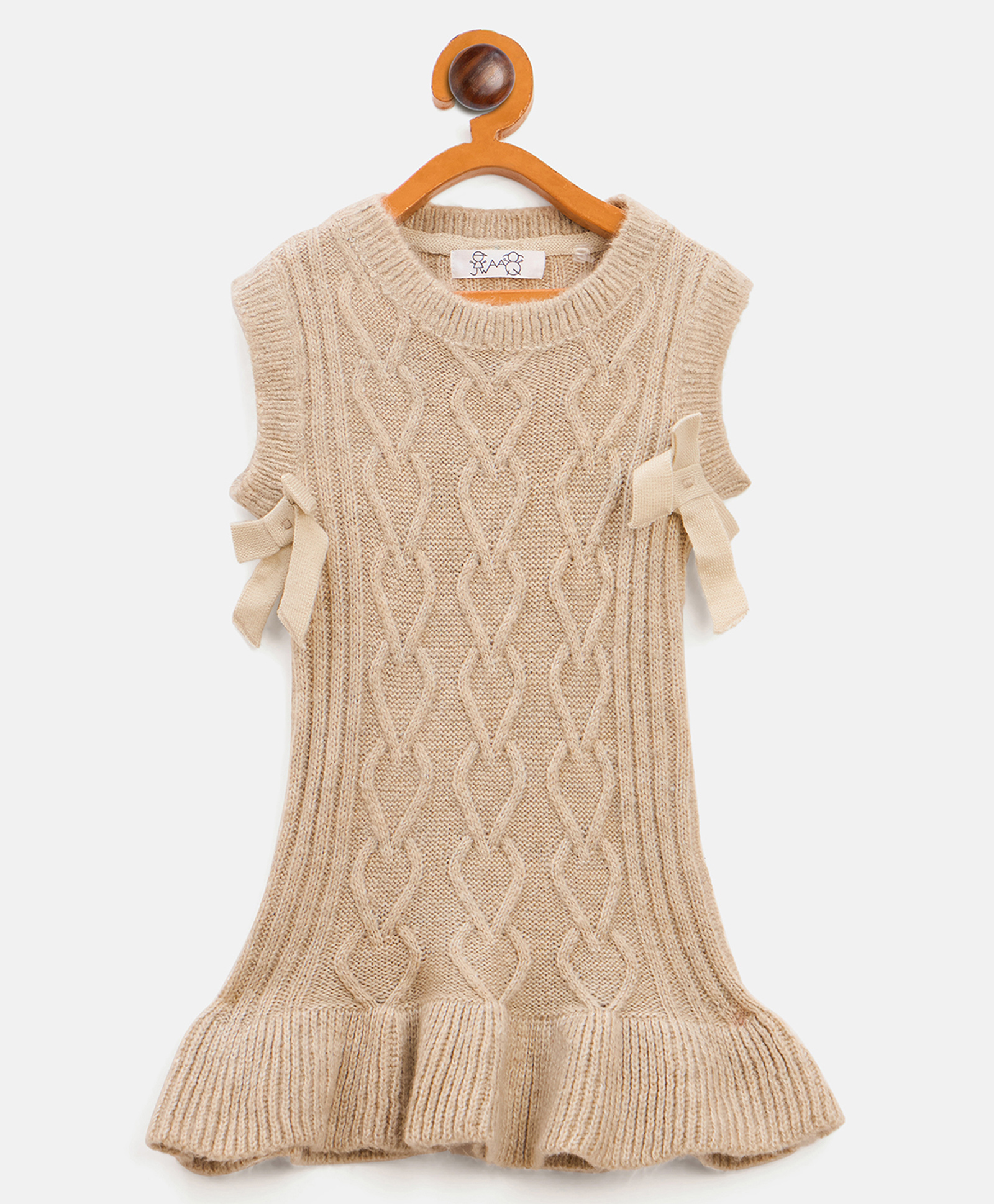 JWAAQ Cotton Knit Sleevesless Cable Knit Designed Bow Applique Detailed Drop Waist Dress - Oatmeal-picture-21