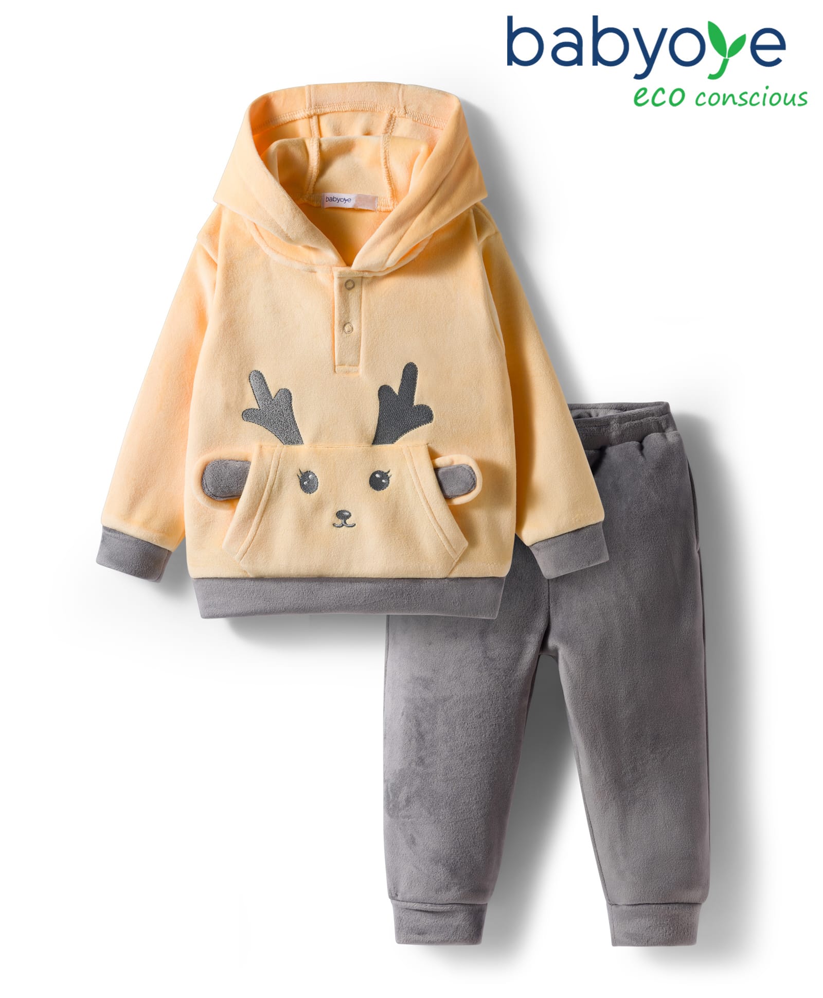 Babyoye Knit Full Sleeves Solid Dyed Winter Wear Hooded Sweatshirt & Lounge Pant Set With Reindeer Embroidery & Applique - Yellow & Grey-picture-8