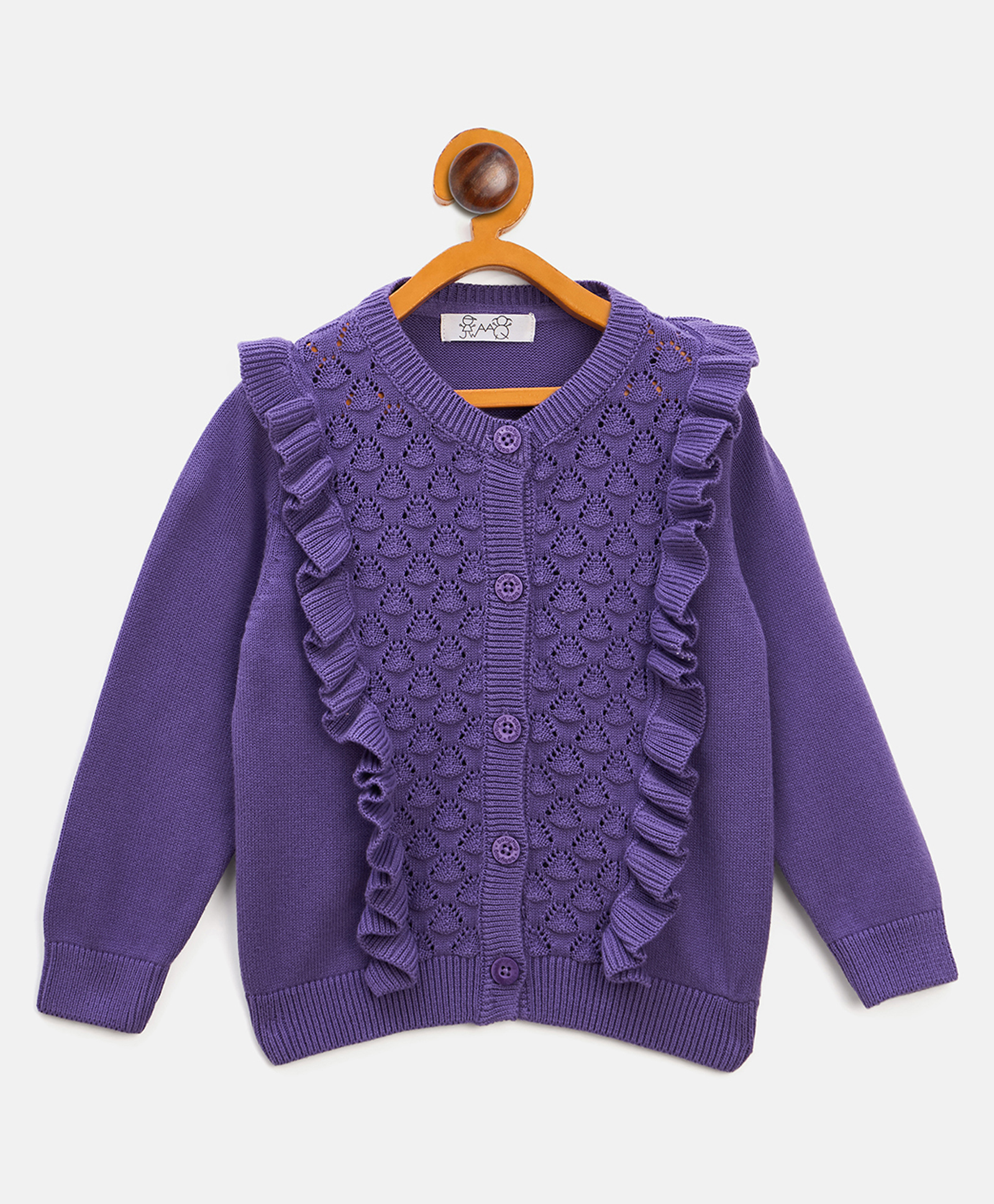 JWAAQ Cotton Knit Full Sleeves Schiffli Embroidered Frill Detailed Sweater - Purple-picture-12