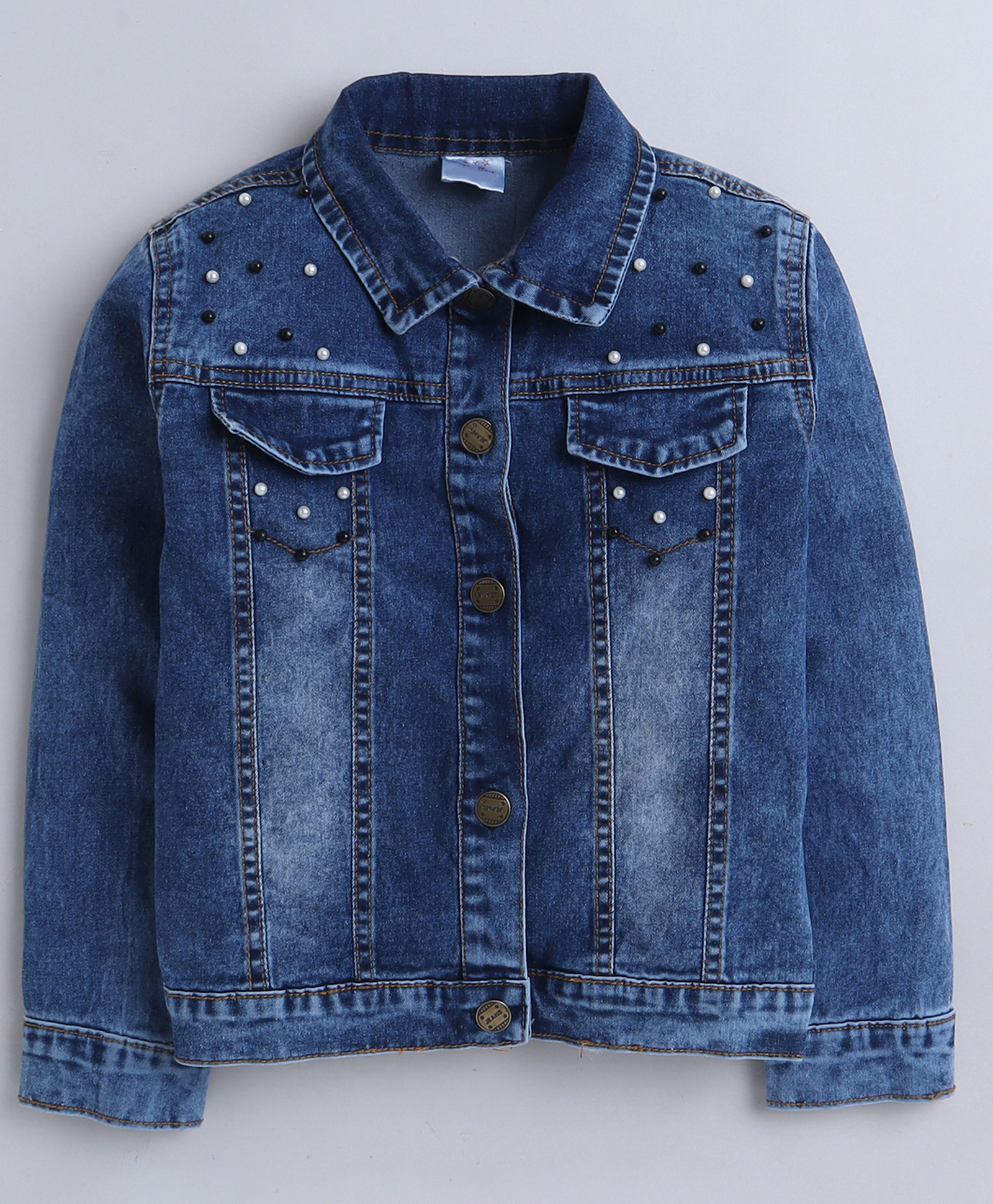 Bright Stars KIDSWEAR Woven Full Sleeves Mild Washed & Pearls Embellished Jacket - Blue-image-26