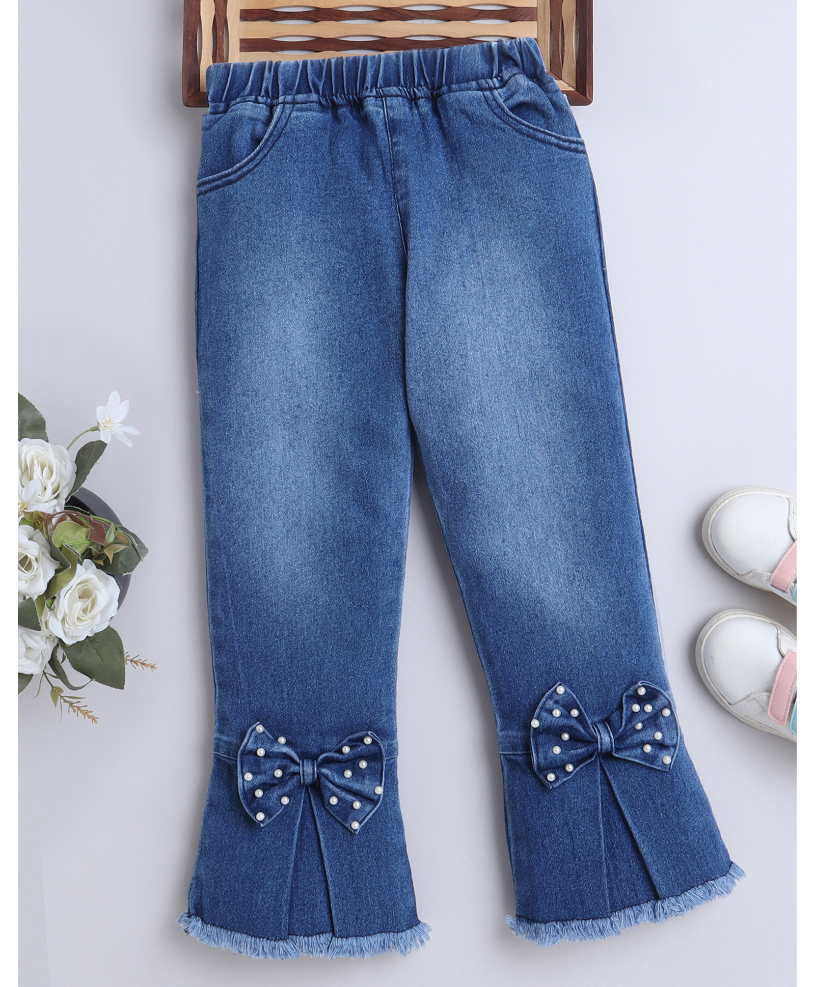 Bright Stars KIDSWEAR Woven Mild Washed Bow Applique Detailed & Pearls Embellished Wide Leg Jeans - Blue-image-46