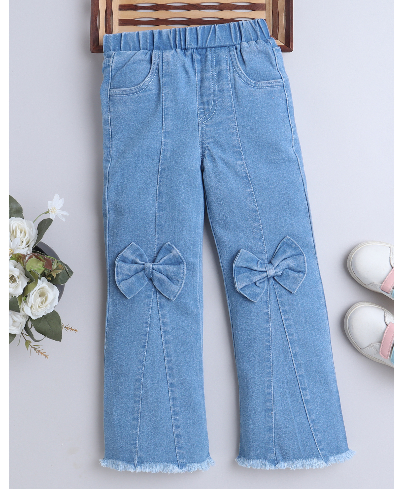 Bright Stars KIDSWEAR Woven Bow Applique Detailed Wide Legged Frayed Jeans - Blue-picture-26