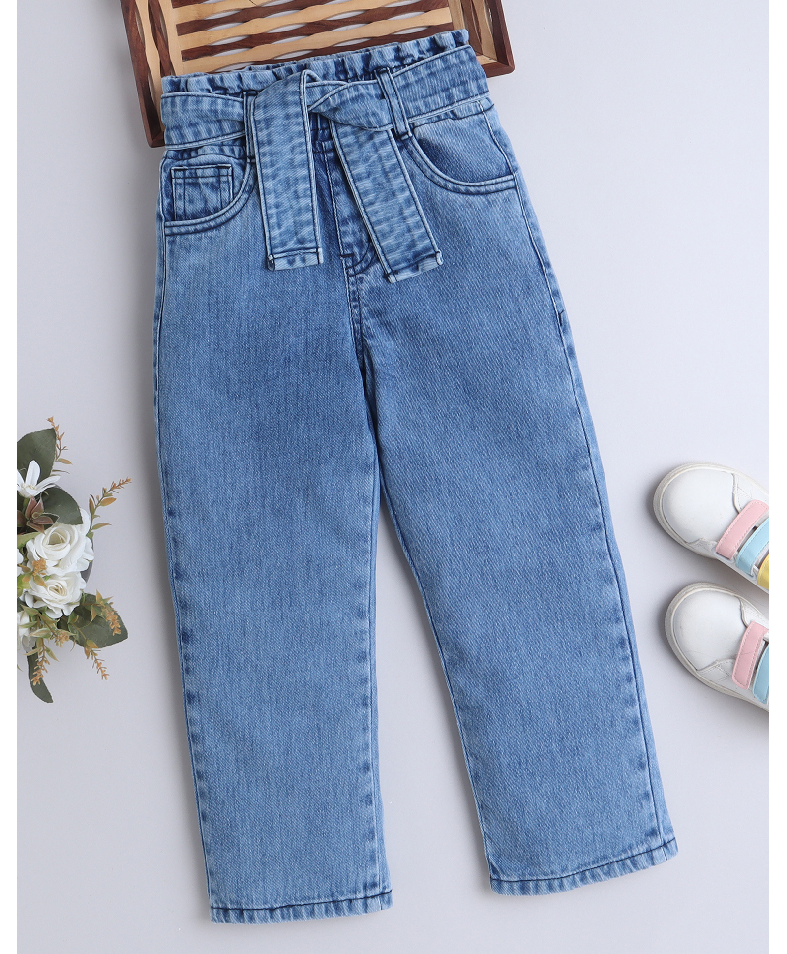 Bright Stars KIDSWEAR Cotton Woven Solid High Waist Jeans With Belt - Blue-picture-19