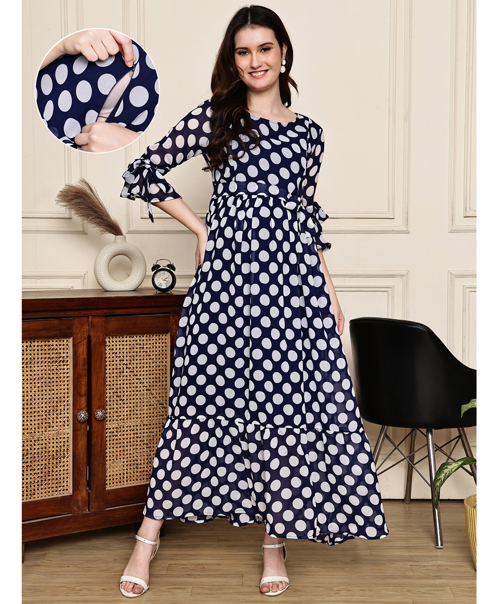 COLOR STUDIO Georgette Woven Three Fourth Bell Sleeves Polka Dot Printed Maternity Maxi Dress With Nursing Access - Navy Blue-image-6