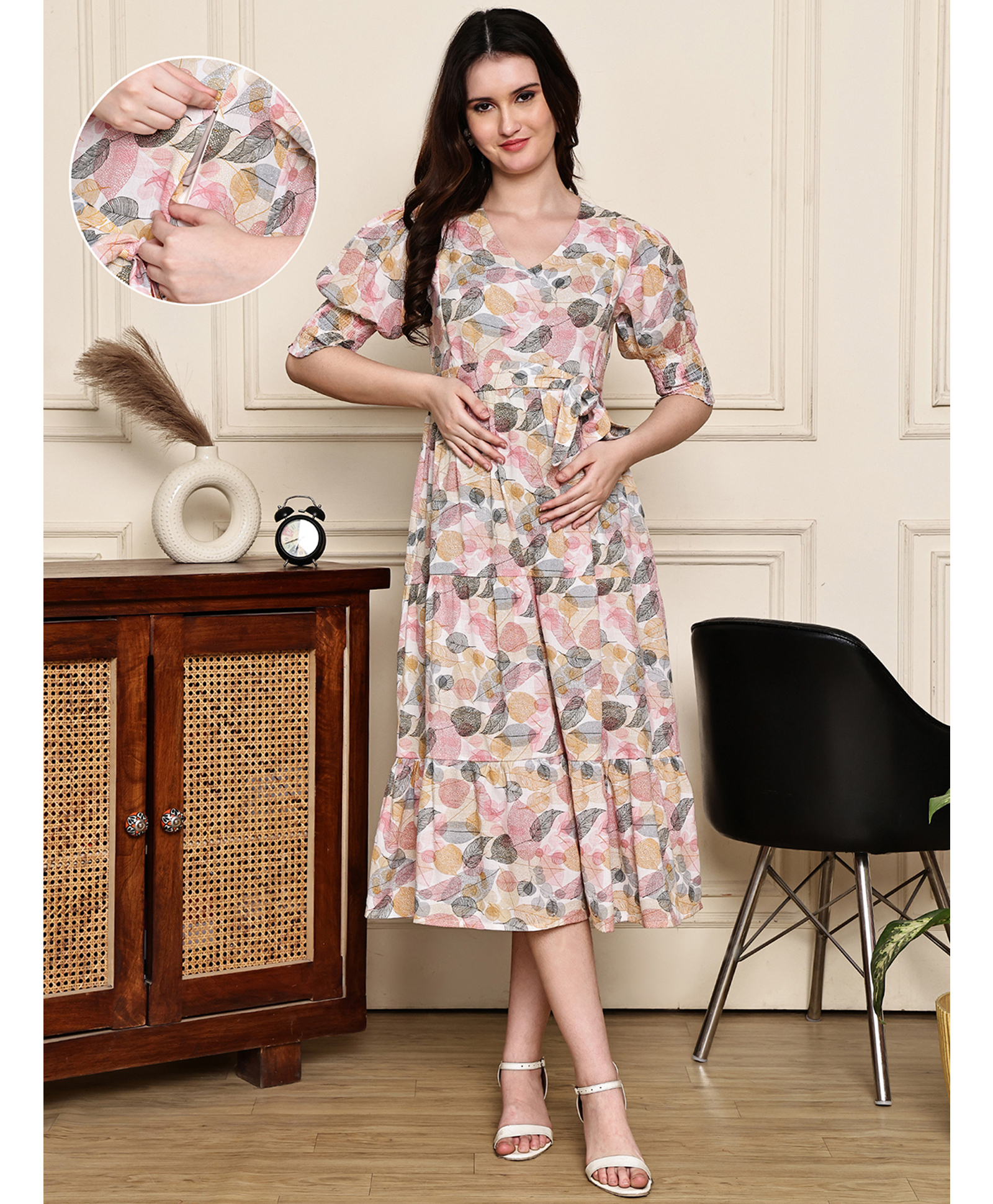 COLOR STUDIO Cotton Blend Woven Half Puffed Sleeves Leaves Printed Maternity Maxi Dress With Nursing Access - Beige-picture-14