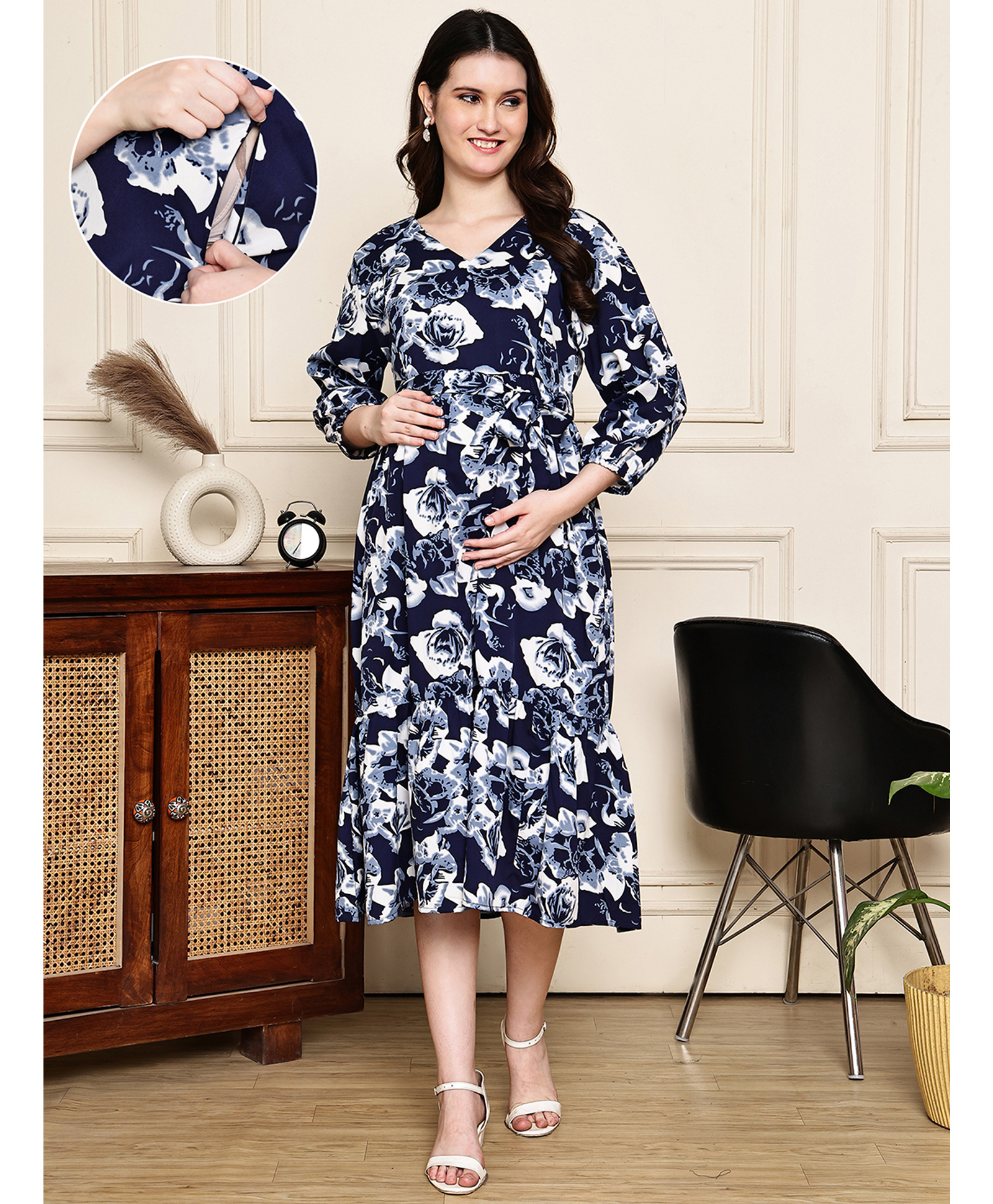 COLOR STUDIO Woven Three Fourth Sleeves Floral Printed Maternity Midi Dress With Nursing Access - Navy Blue-picture-24