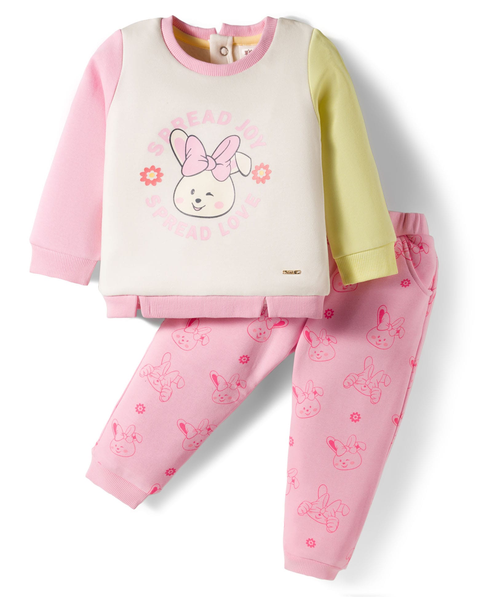 ToffyHouse Knitted Full Sleeves Sweatshirt & Lounge Pants Set with Bunny Print - Pink & White-image-21