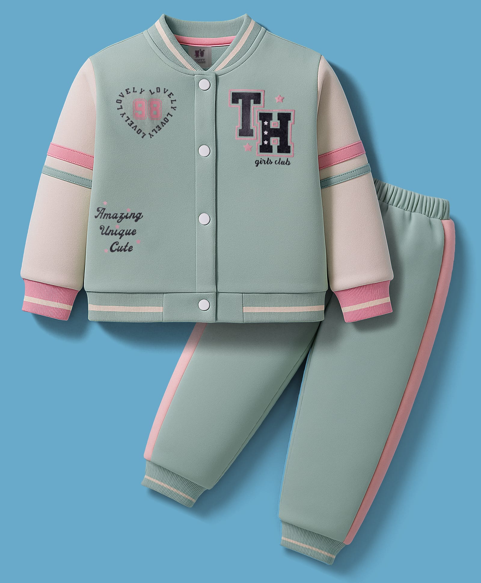ToffyHouse Knit Full Sleeves Winter Wear T-Shirt & Joggers Set With Text Print - Mint & White-image-35