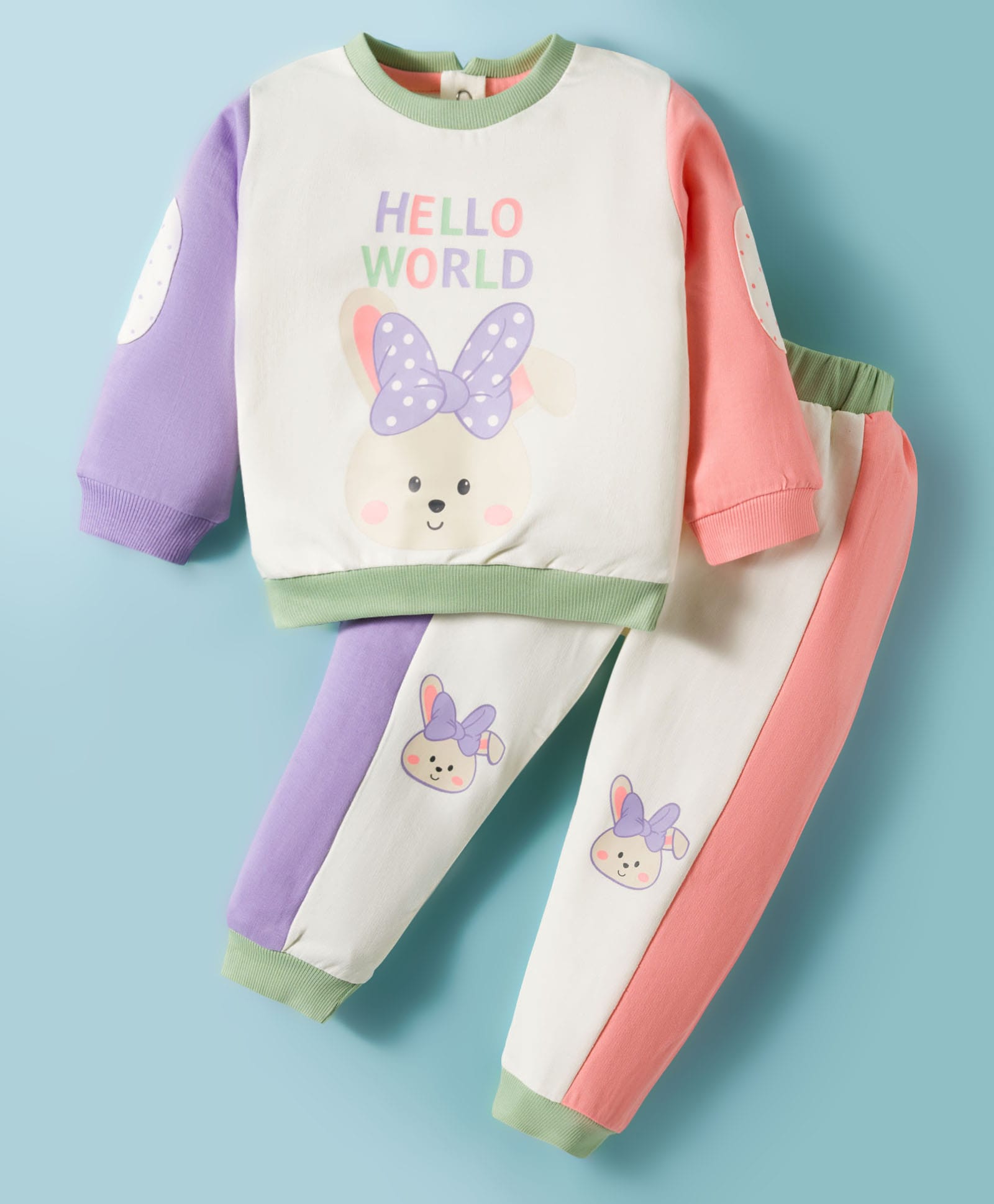 ToffyHouse Knitted Full Sleeves Sweatshirt & Lounge Pant Set with Bunny & Text Print - Lavender Pink & White-image-33