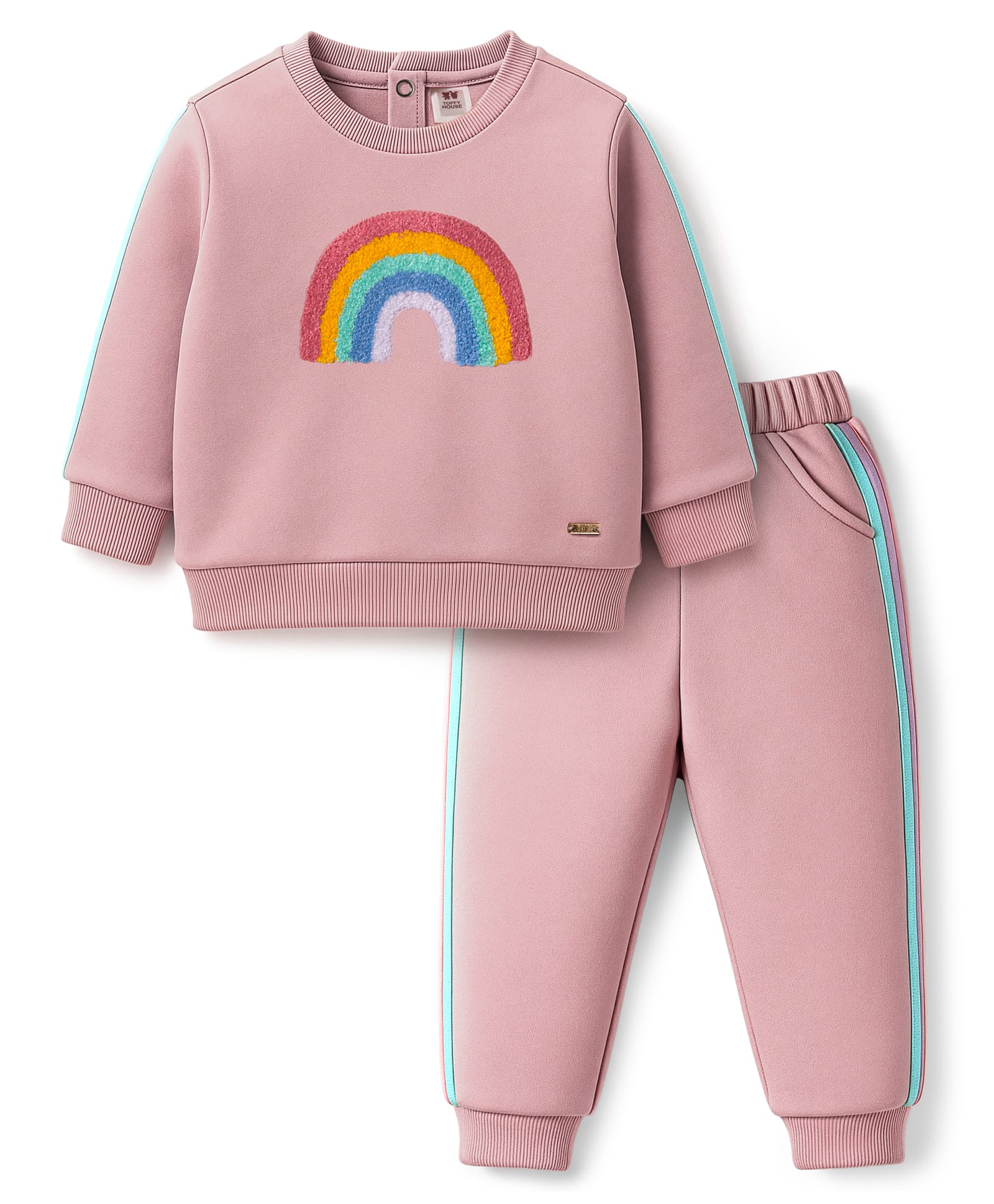 ToffyHouse Knit Full Sleeves Winter Wear T-Shirt & Joggers Set With Rainbow Print - Light Pink-image-28