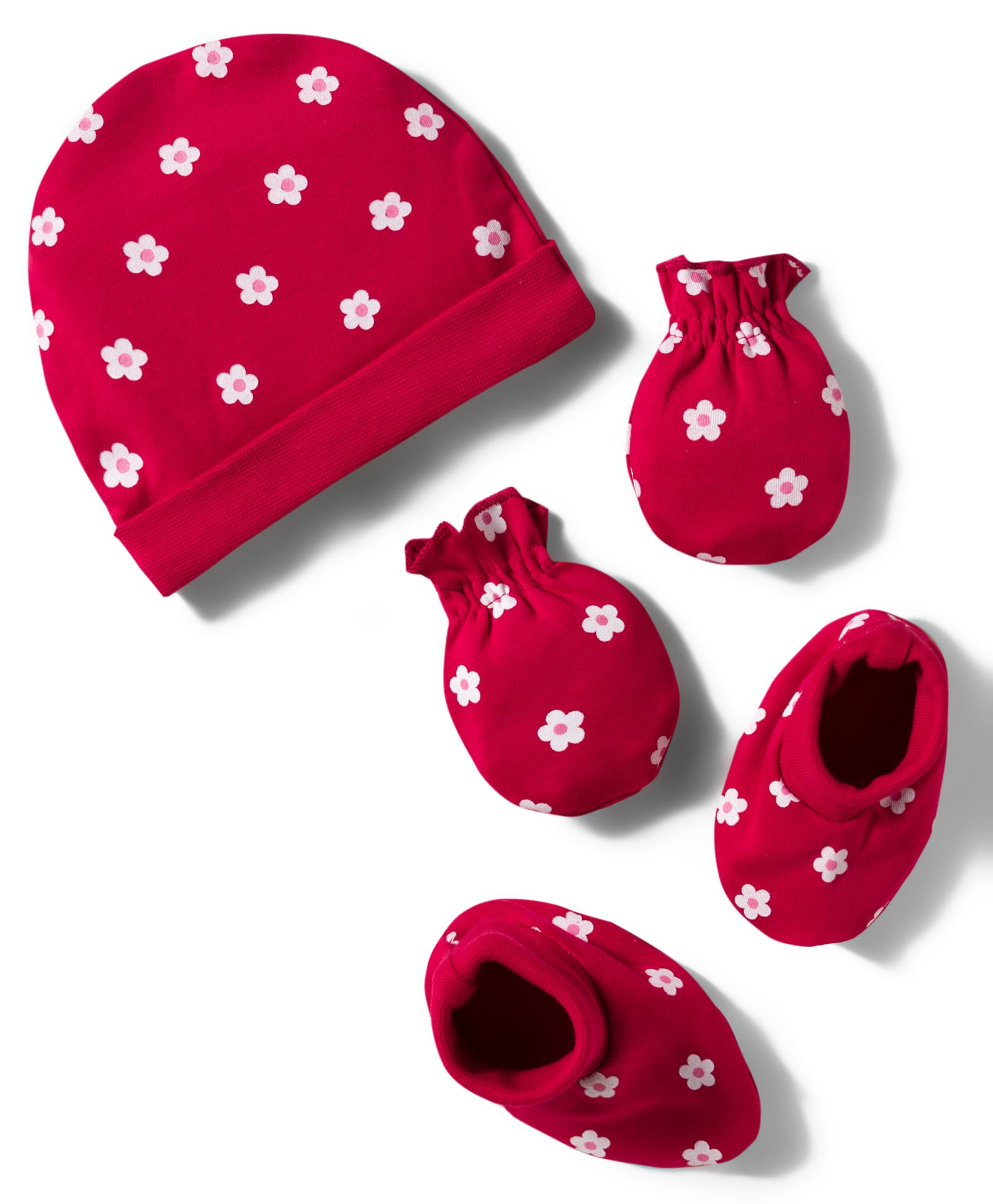 Babyhug 100% Cotton Knit Cap Mittens & Booties Set with Floral Print Red - Diameter 11 cm-picture-12