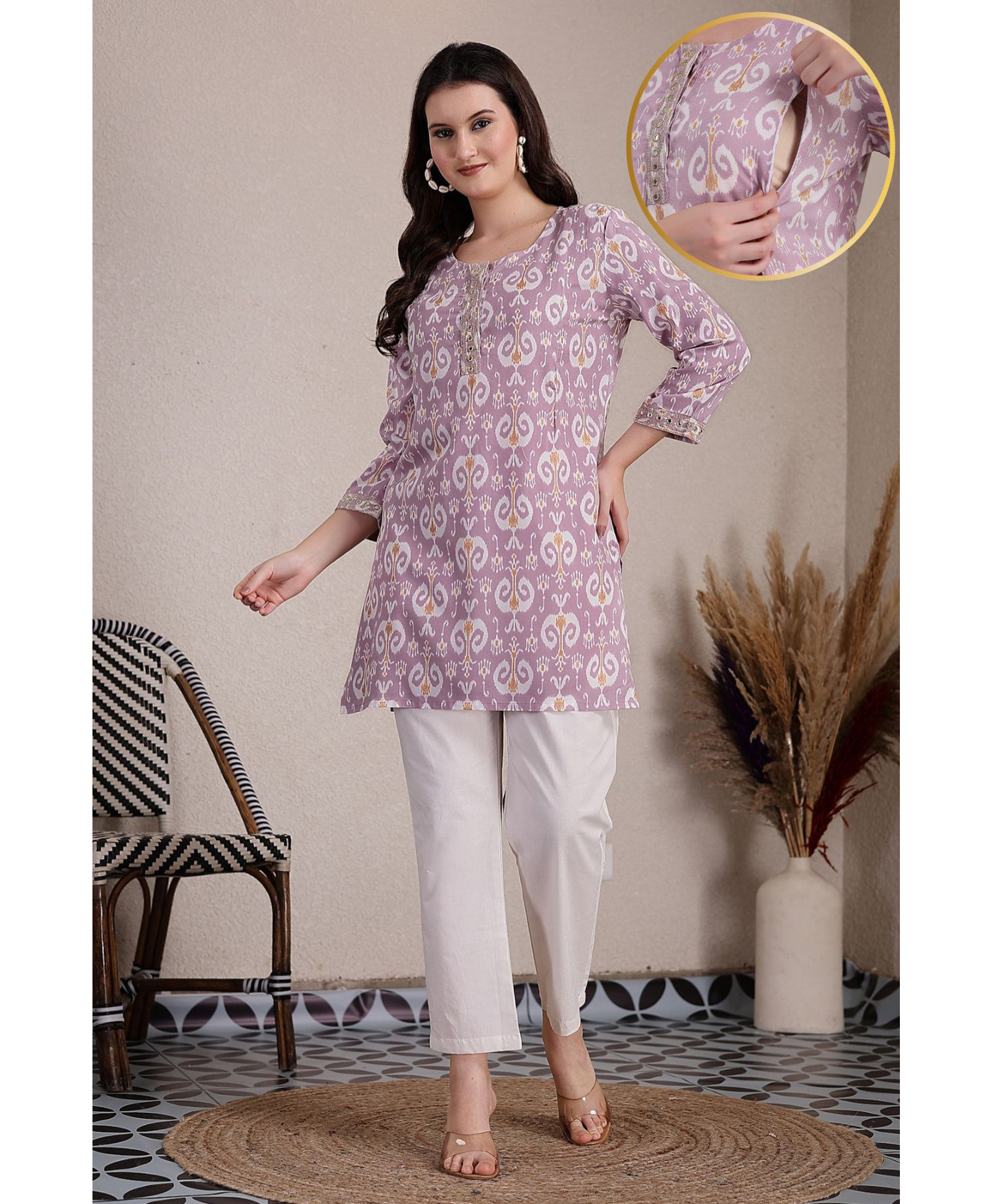 Zelena 100% Rayon Woven Three Fourth Sleeves Ethnic Motif Printed Maternity Kurti With Nursing Access - Purple-image-20
