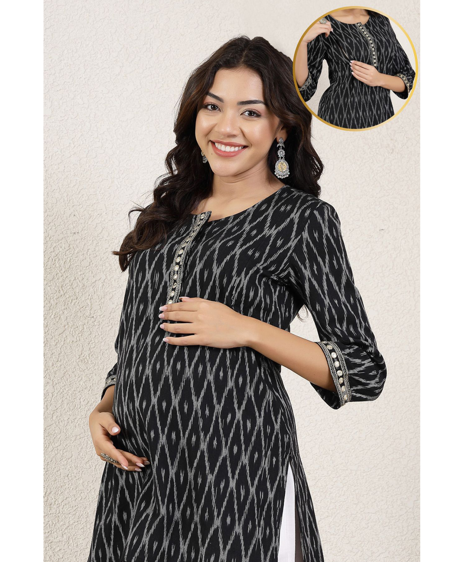 Zelena 100% Cotton Woven Three Fourth Sleeves Ikat Printed Maternity Kurti With Nursing Access - Black-picture-21