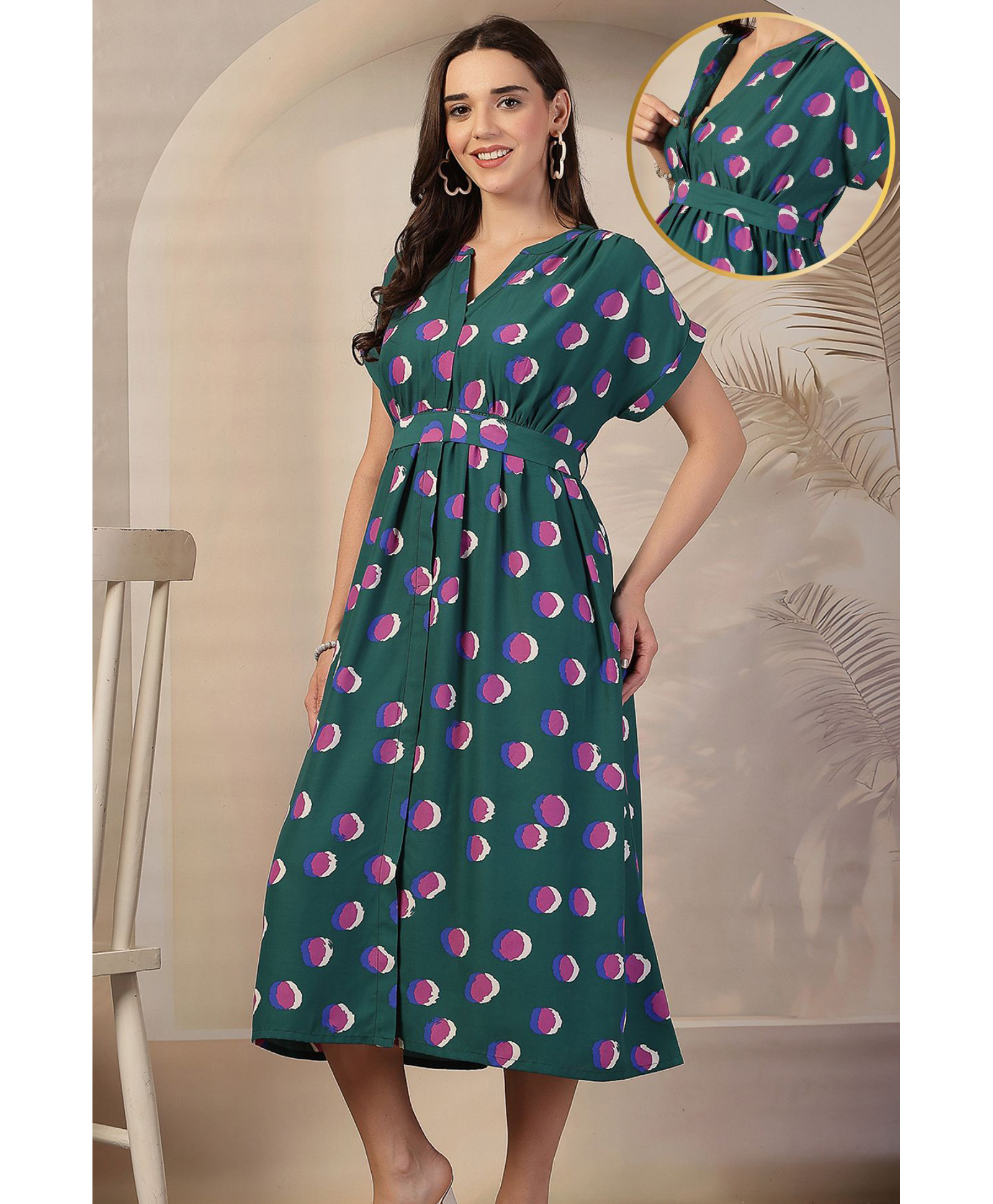 Zelena Woven Half Sleeves Abstract Printed Maternity Dress With Nursing Access - Green-image-24