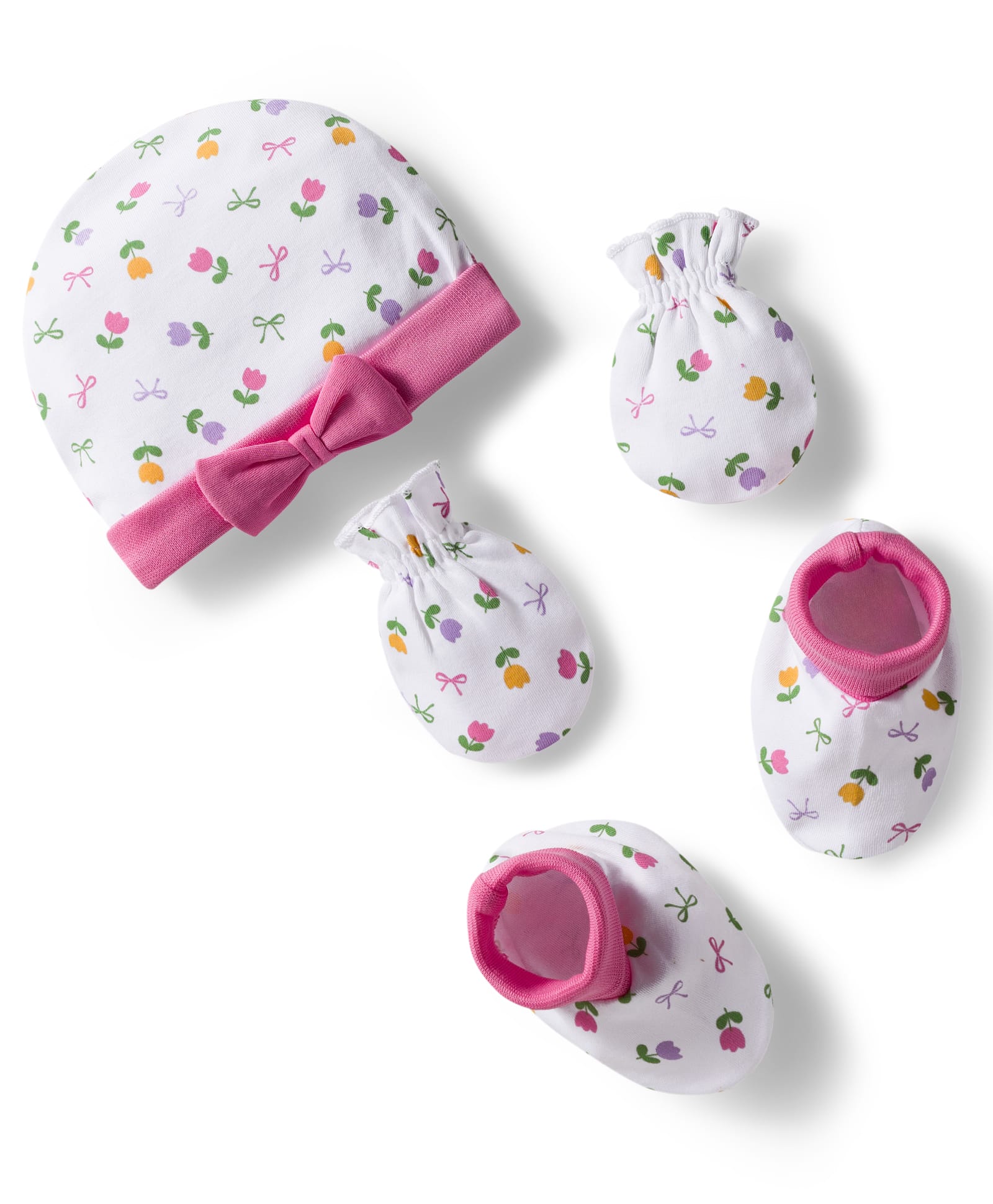 Babyhug 100% Cotton Interlock Knit Cap Mittens & Booties Set with Floral Print & Bow Applique White & Pink - Diameter 11 cm