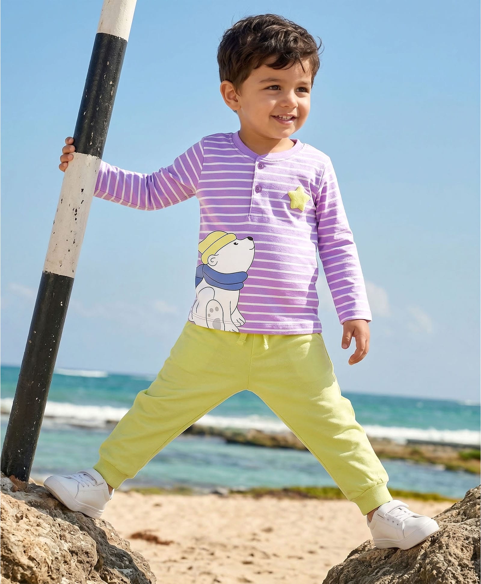 Babyhug Single Jersey Knit Full Sleeves Striped T-Shirt & Lounge Pant Set With Polar Bear Print - Lavender & Lime Green-picture-13