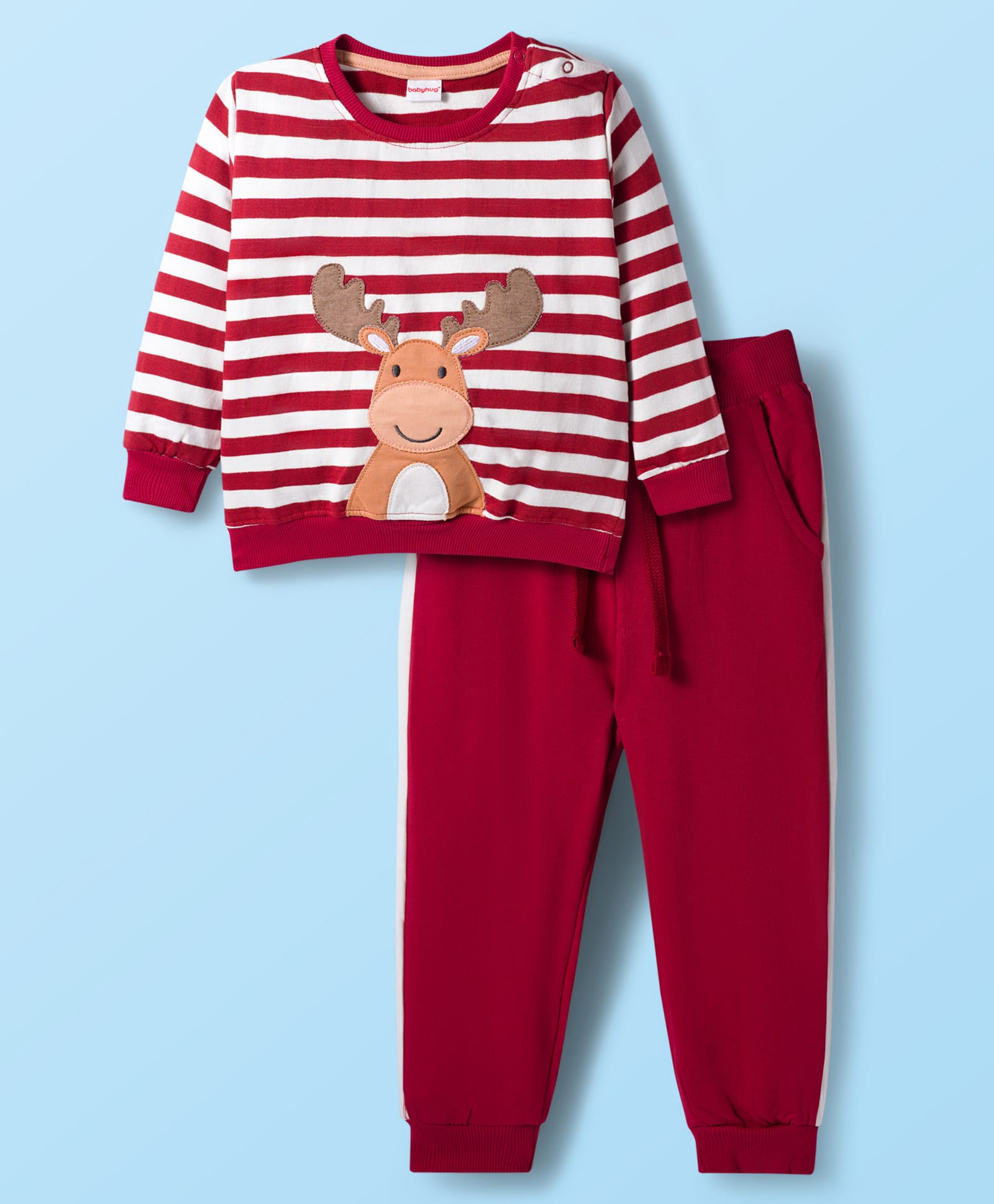 Babyhug Terry Knit Full Sleeves T-Shirt & Lounge Pant with Stripe & Reindeer Patch - Maroon-image-33
