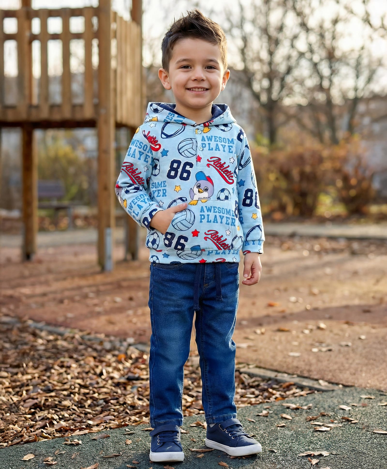 Babyhug Terry Knit Full Sleeves Hooded T-Shirt & Denim Jeans with Kangaroo Pocket & Sport Theme Print - Blue-image-41