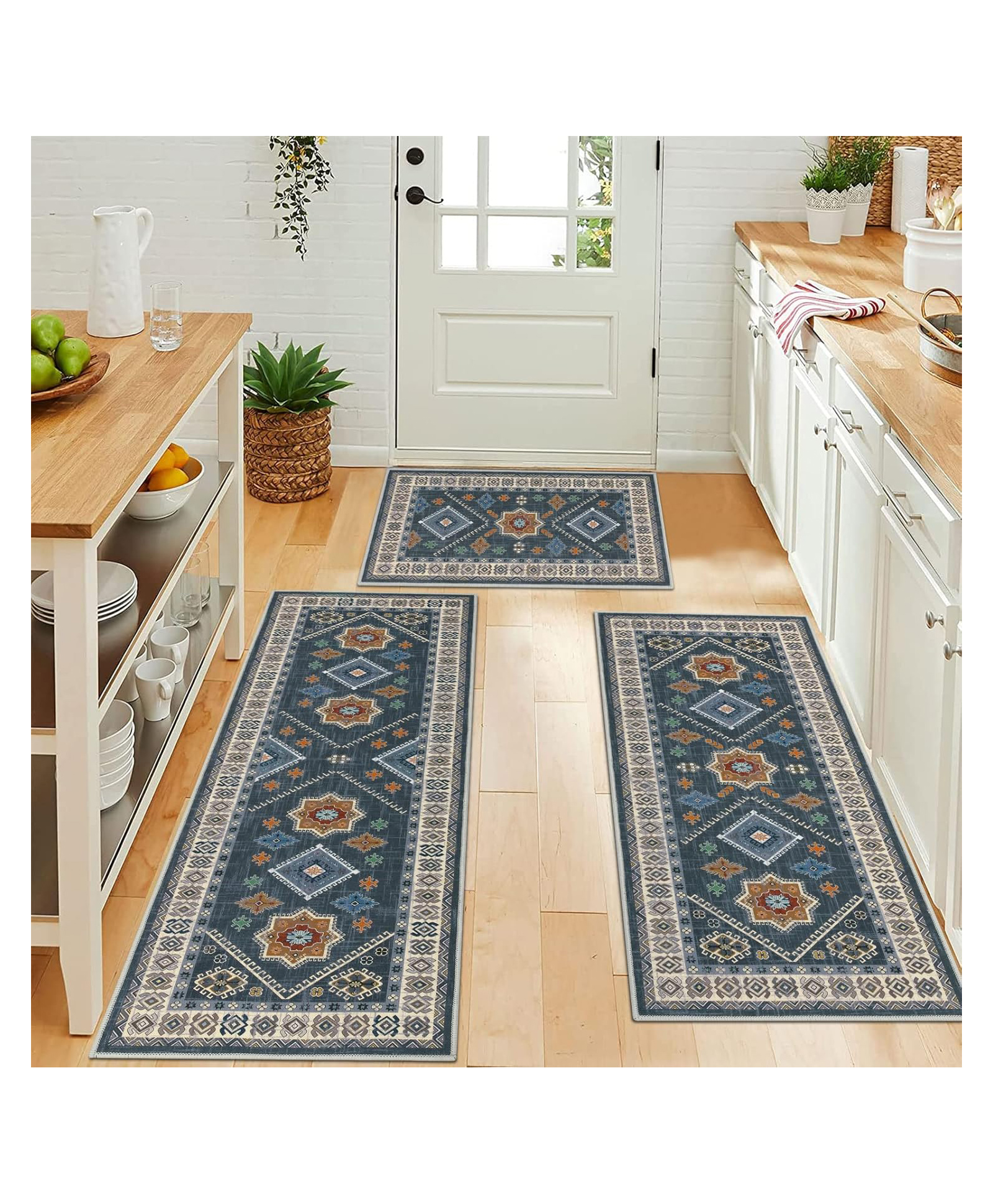 AAZEEM Kitchen Rugs and Mats Non Skid Washable Set of 3, Abstract Floral Ikat Ethnic Pattern Kitchen Mats for Floor, Modern Kitchen Decor (Multi)-picture-21