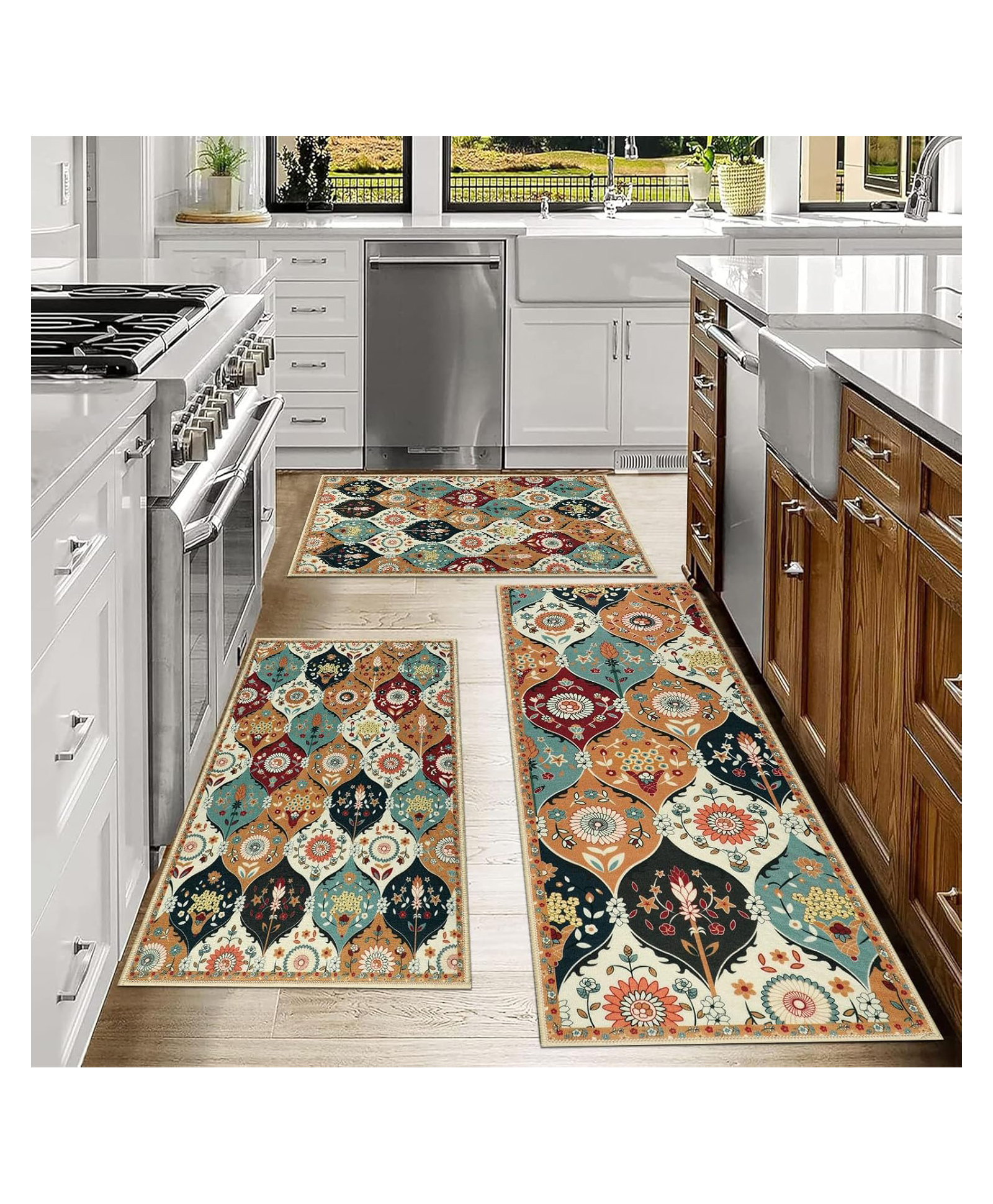 AAZEEM Kitchen Rugs and Mats Non Skid Washable Set of 3, Abstract Floral Ikat Ethnic Pattern Kitchen Mats for Floor, Modern Kitchen Decor (Multi)-picture-20