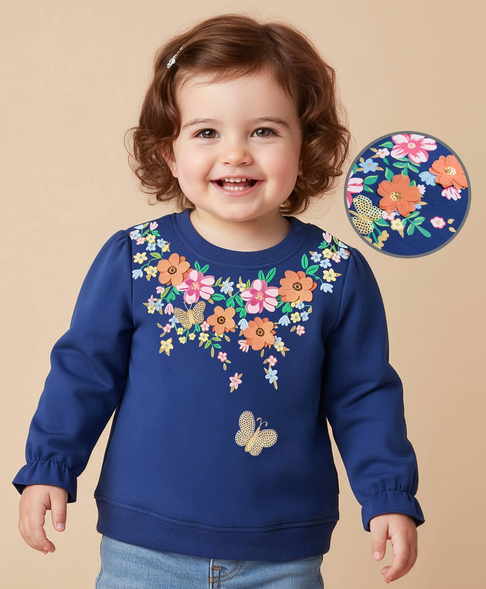 Babyoye 100% Cotton Knit Full Sleeves Sweatshirt With Floral Print & Applique - Navy Blue-picture-16
