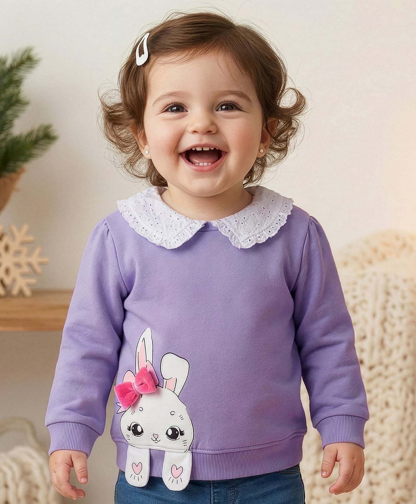 Babyoye 100% Cotton Knit Full Sleeves Peter Pan Collar Sweatshirt with Bow Applique & Bunny Graphic - Purple-picture-27