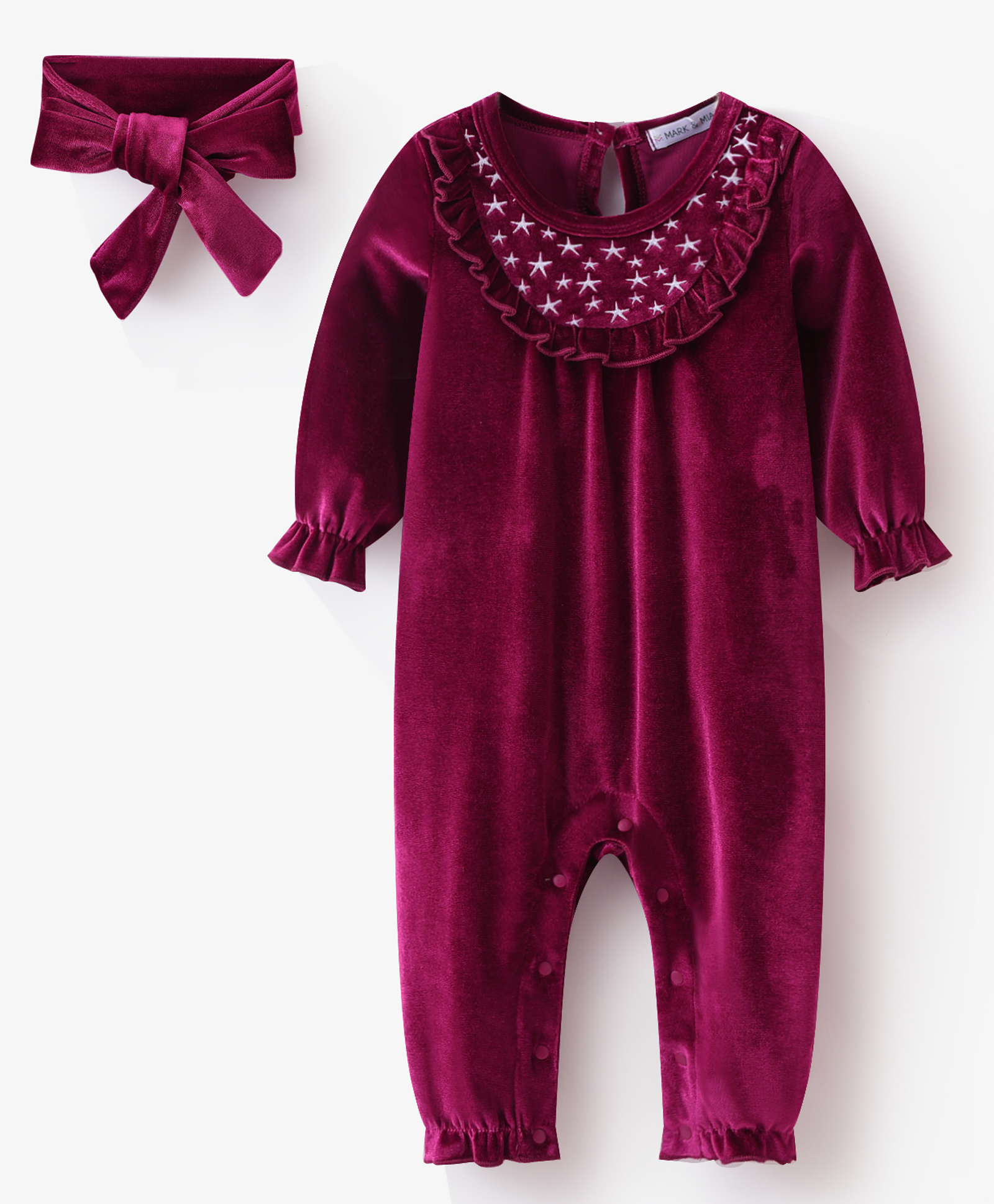 Mark & Mia Full Sleeves Winter Wear Romper & Hairband With Star Print & Frill Detailing - Maroon-picture-38