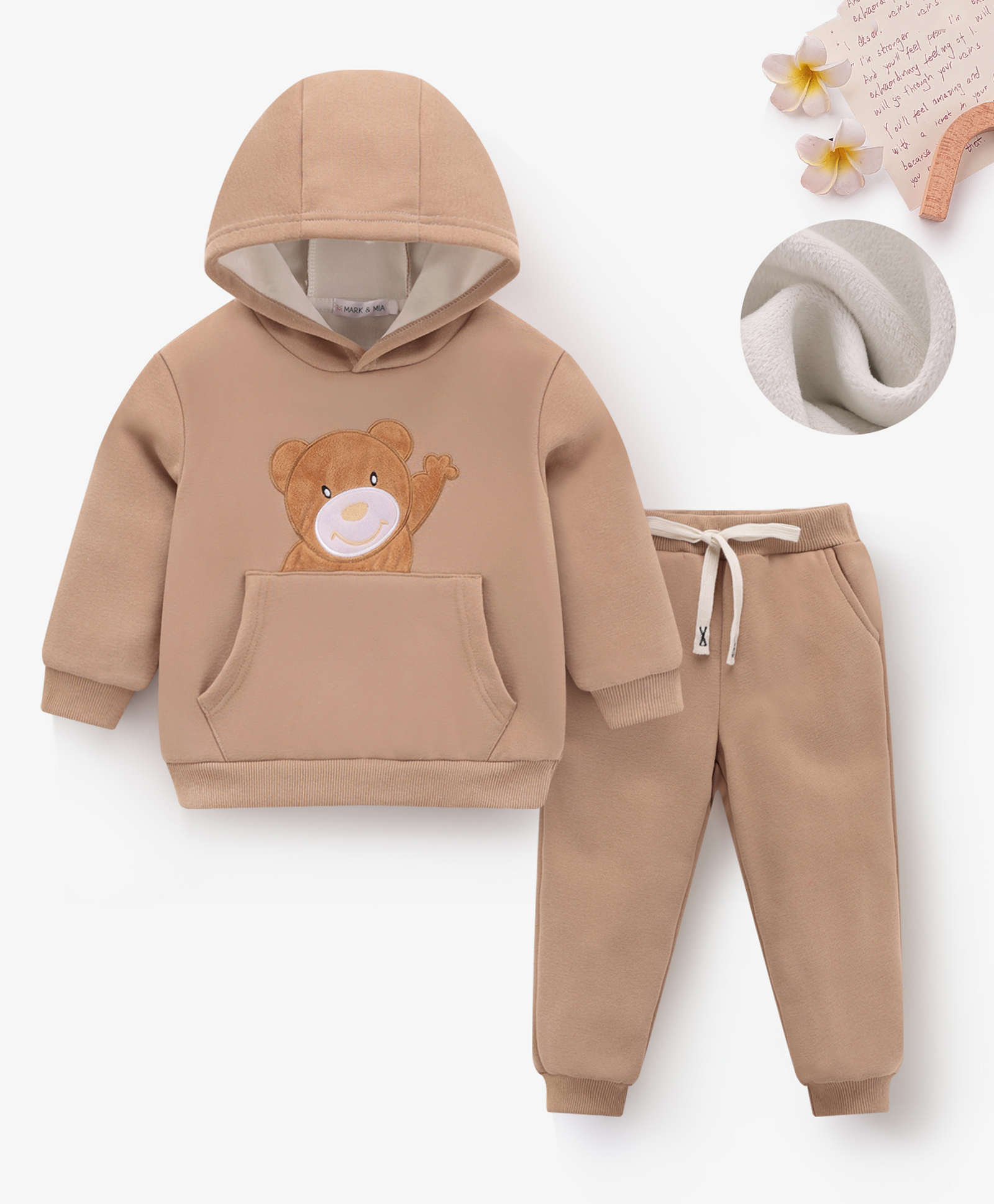 Mark & Mia Full Sleeves Winter Hooded Shirt & Lounge Pant Set With Bear Embriodery & Kangaroo Pocket - Khaki-image-7