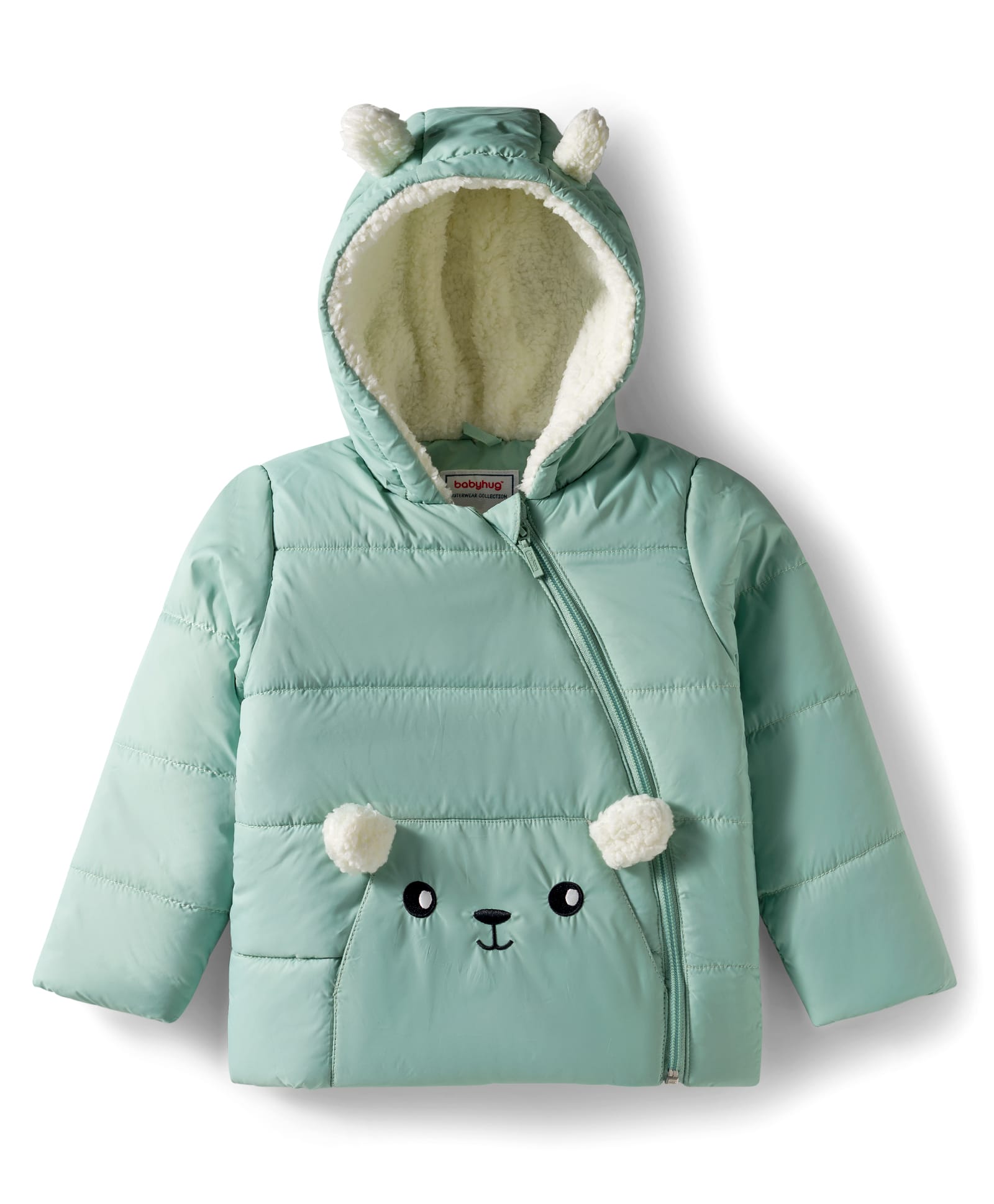 Babyhug Woven Full Sleeves Hooded Padded Jacket With Animal Applique - Mint Green-picture-22