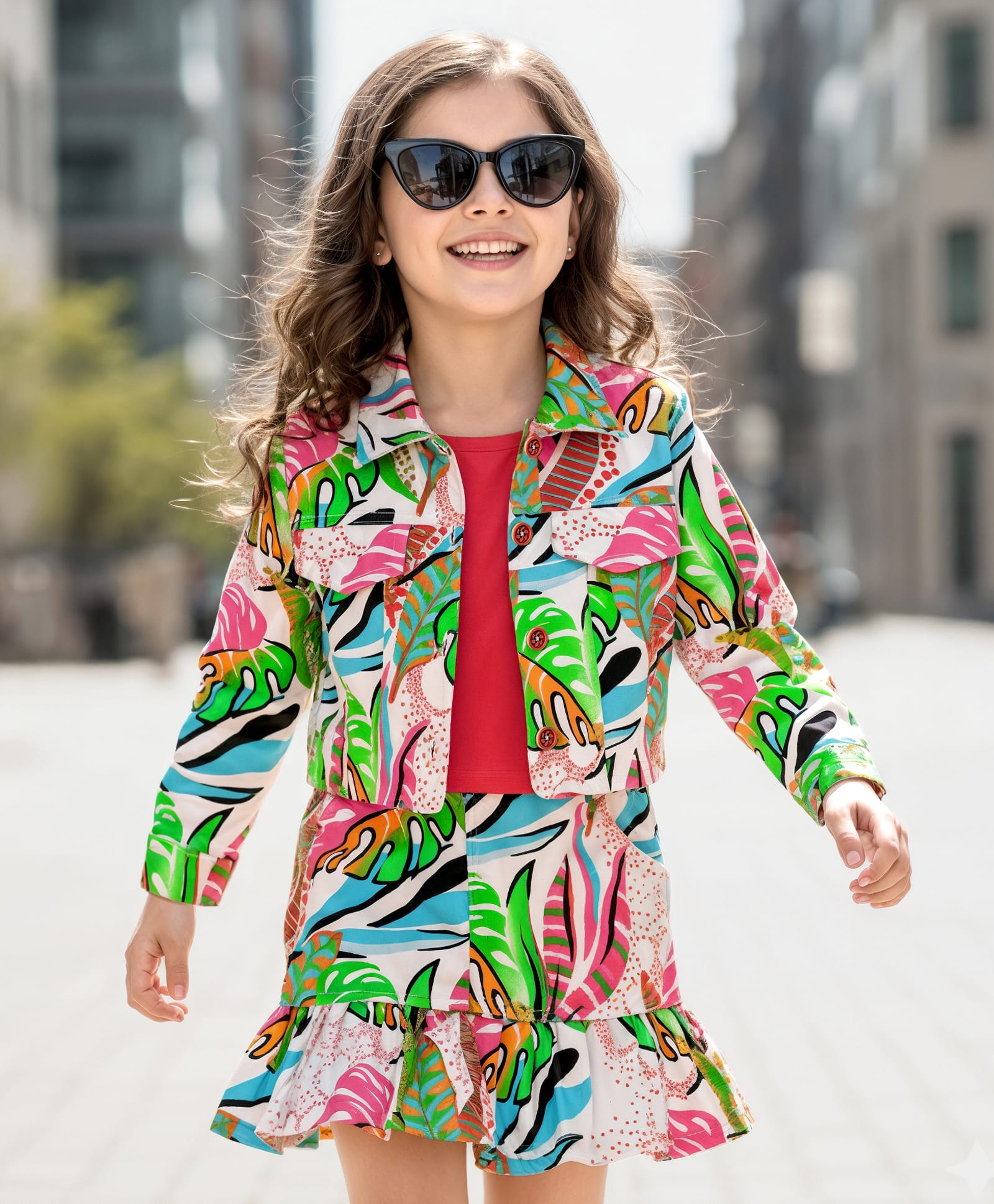 OLLINGTON ST. Cotton Twill Leaf Printed Full Sleeves Jacket & Skirt Set With Inner Top - Multicolor-image-43