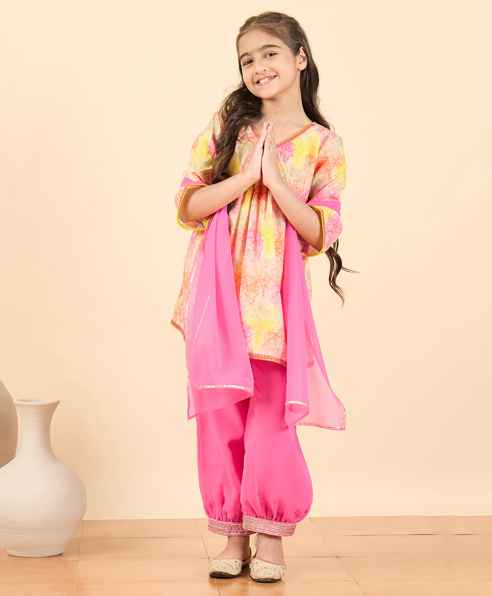 StyloBug Woven Three Fourth Sleeves Trees Printed Gota Lace Embellished Kurti & Harem Pants With Dupatta Set - Multi Colour-image-19