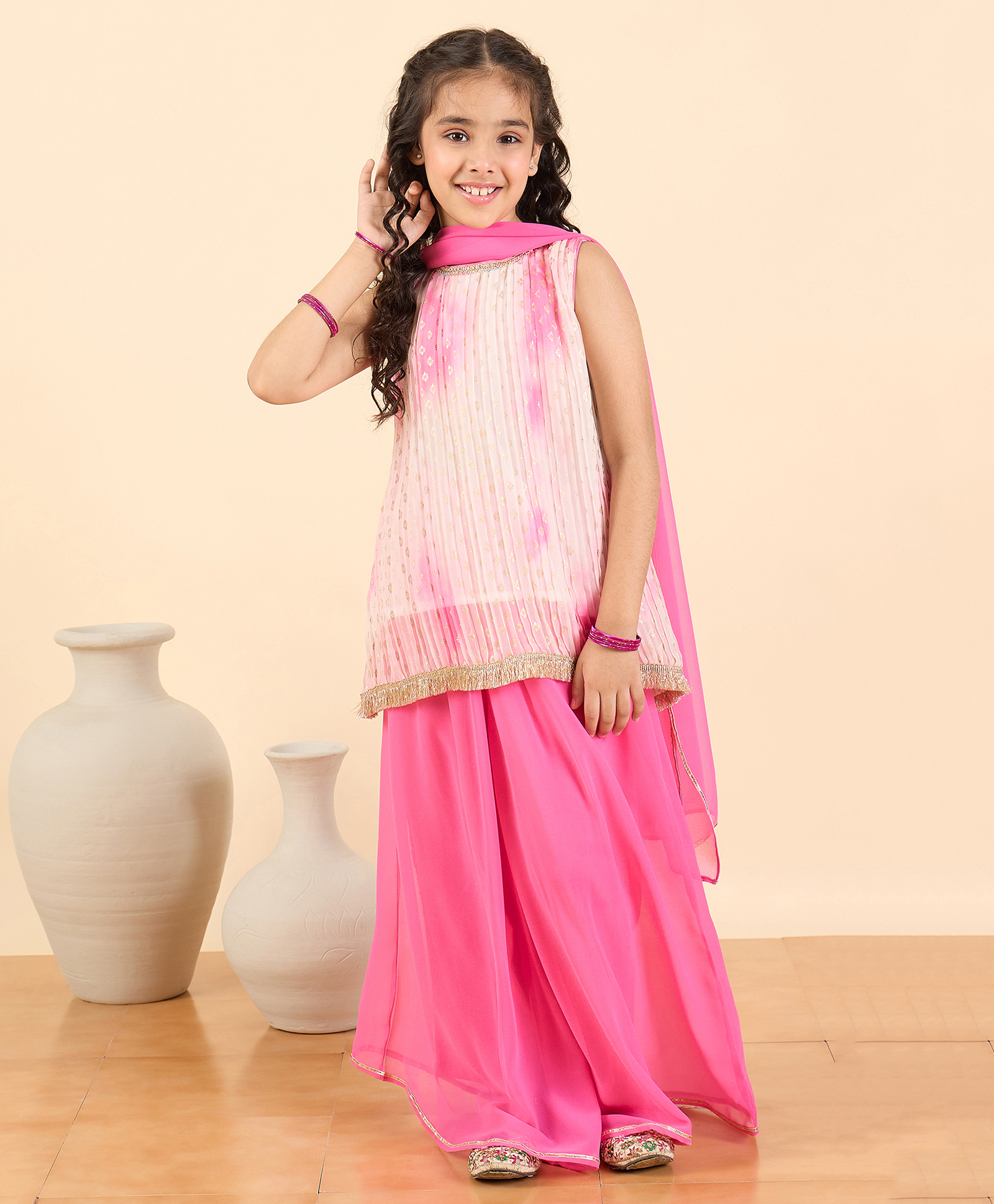 StyloBug Woven Sleeveless Ethnic Foil Motifs Printed Pleated Kurti Palazzo With Dupatta Set - Pink-picture-7