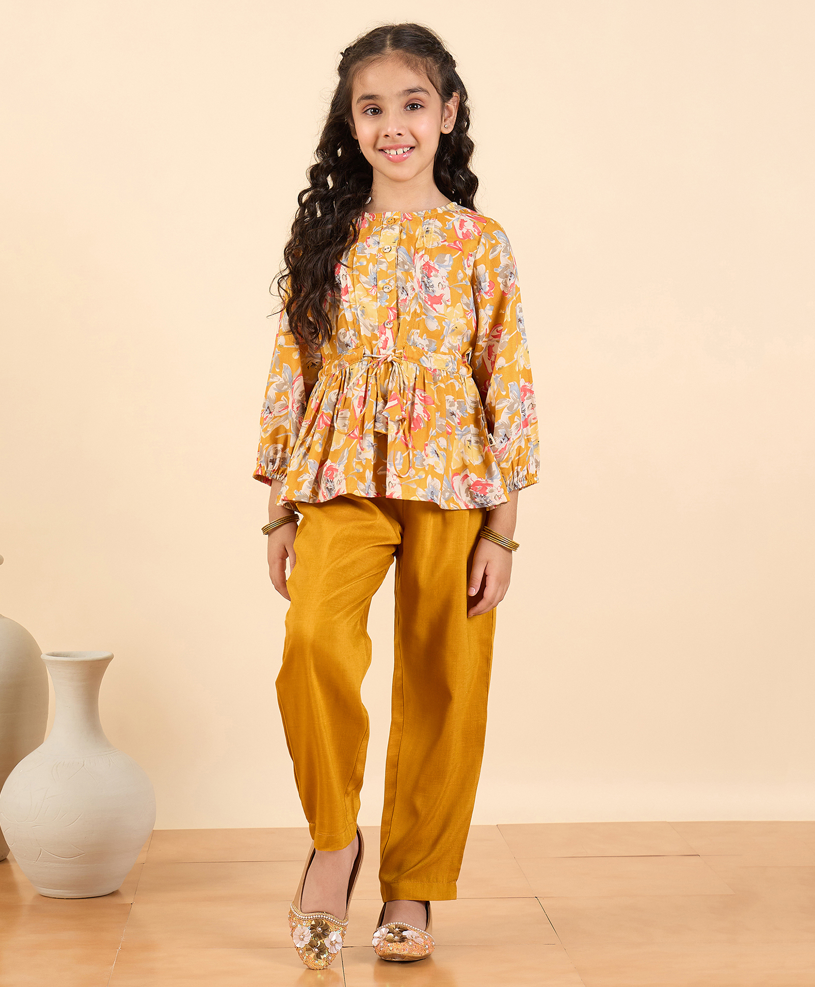StyloBug Woven Three Fourth Sleeves Floral Printed Peplum Kurti Pant Set - Yellow-image-27