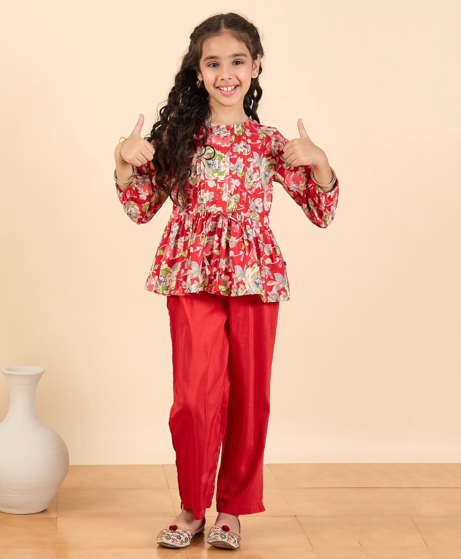StyloBug Woven Three Fourth Sleeves Floral Printed Peplum Kurti Pant Set - Red-picture-6