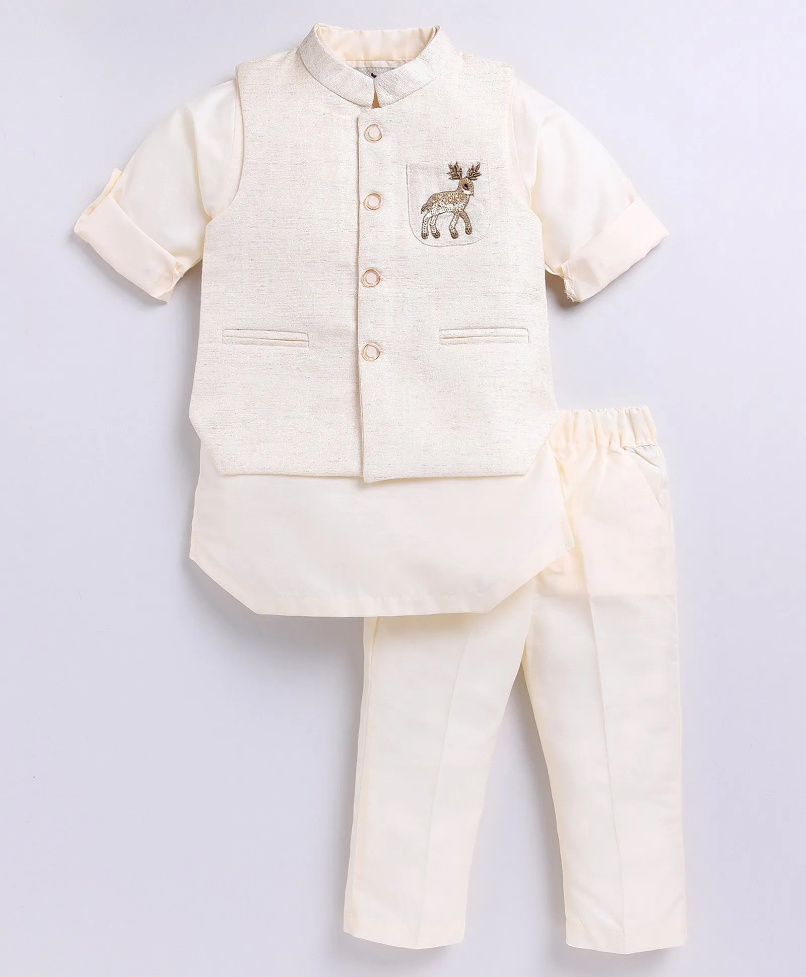 LITTLE COLLARS Jacquard Knit Full Sleeves Solid Kurta & Pajama With Reindeer Designed Jacket Set - Cream-image-23