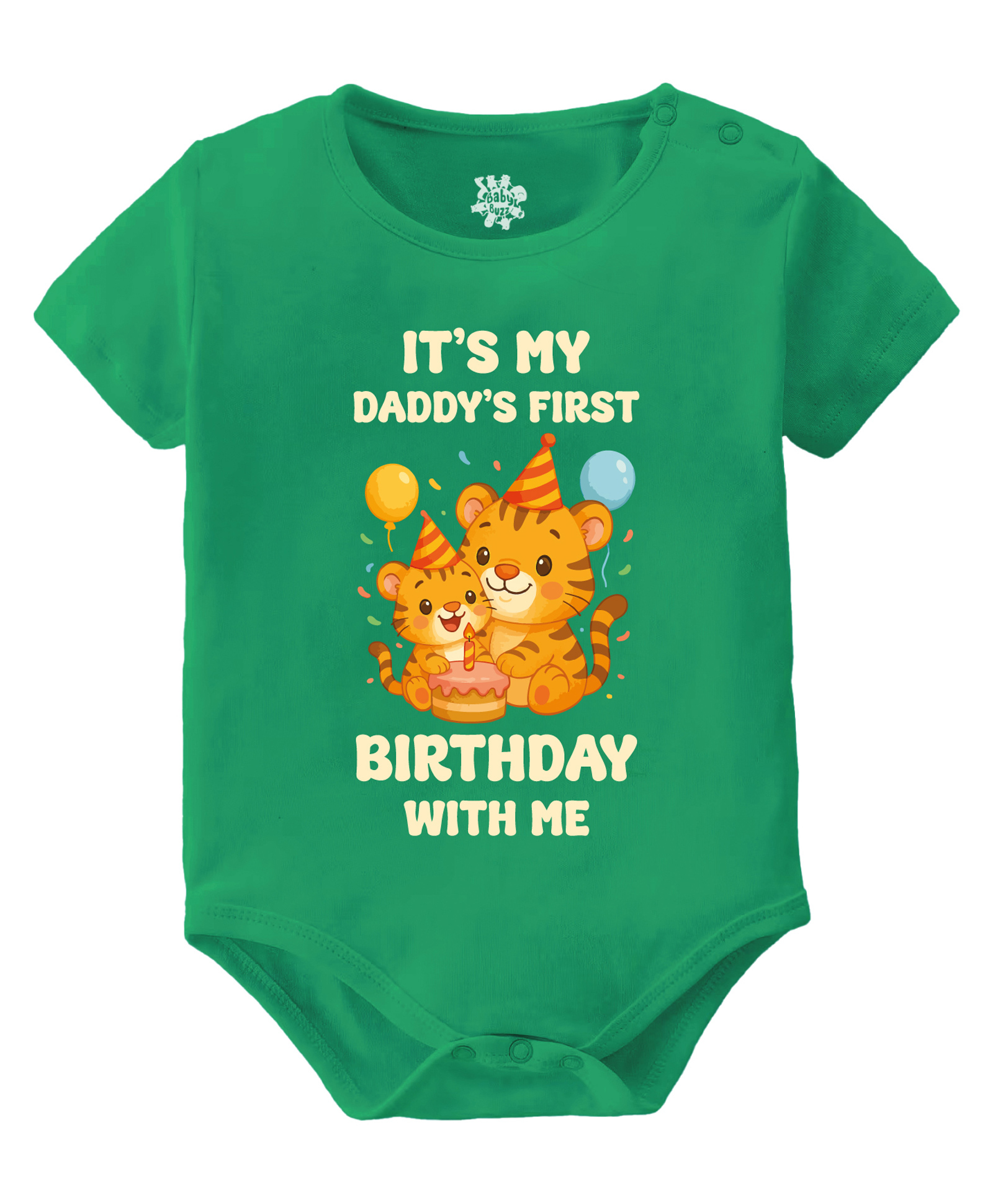 Baby Buzz 100% Cotton Knit Fathers Birthday Theme Half Sleeves Its My Daddy First Birrthday With Me Text Printed Onesie - Green-image-36