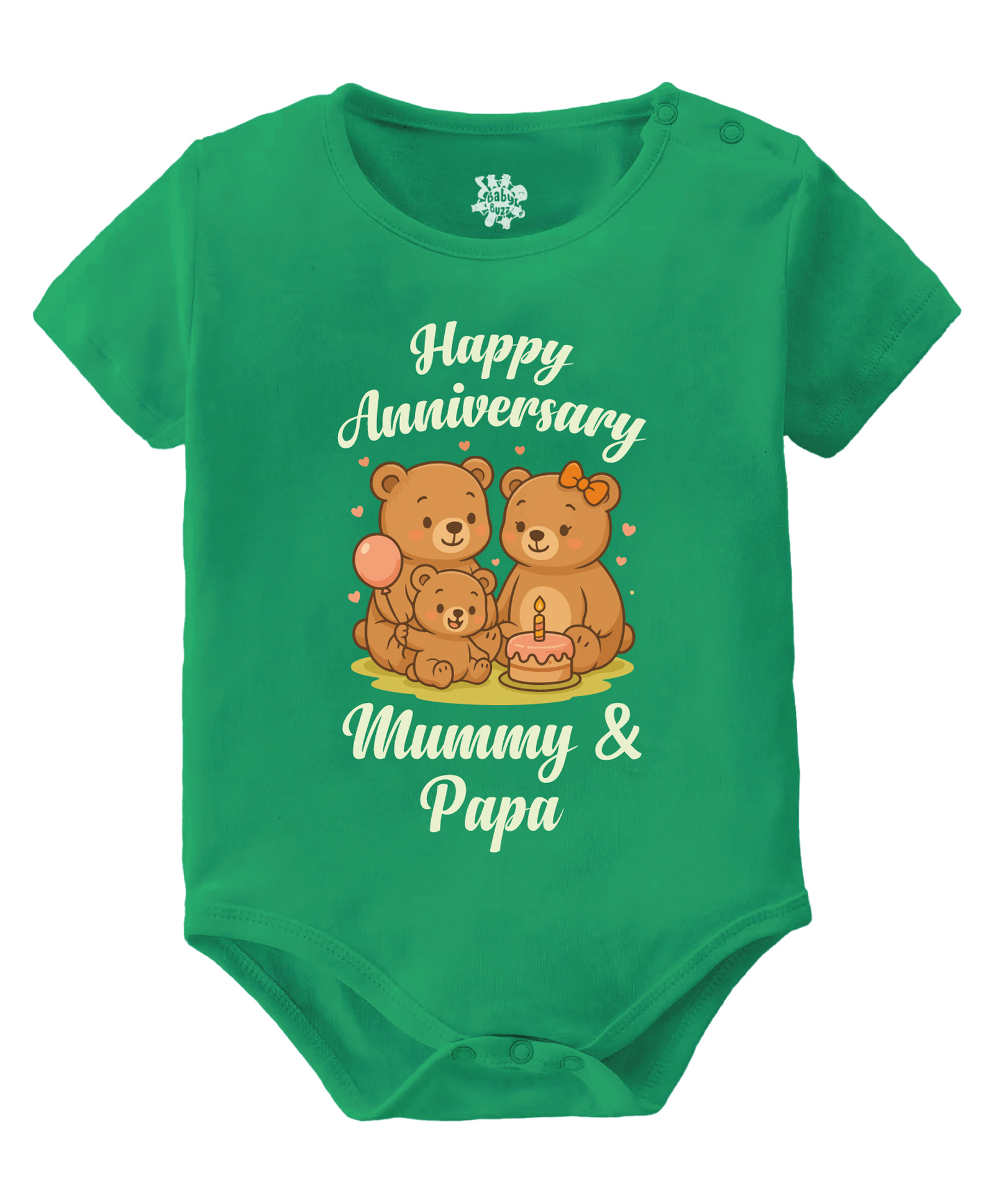 Baby Buzz 100% Cotton Knit Anniversary Theme Half Sleeves Happy Anniversary Mummy & Papa Text Printed Onesie - Green-image-34