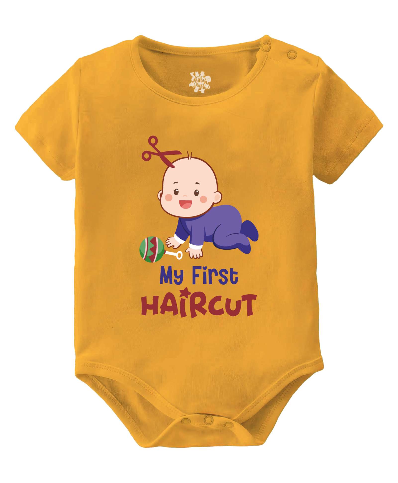 Baby Buzz 100% Cotton Knit Mundan Theme Half Sleeves My First Haircut Text Printed Onesie - Yellow-picture-19