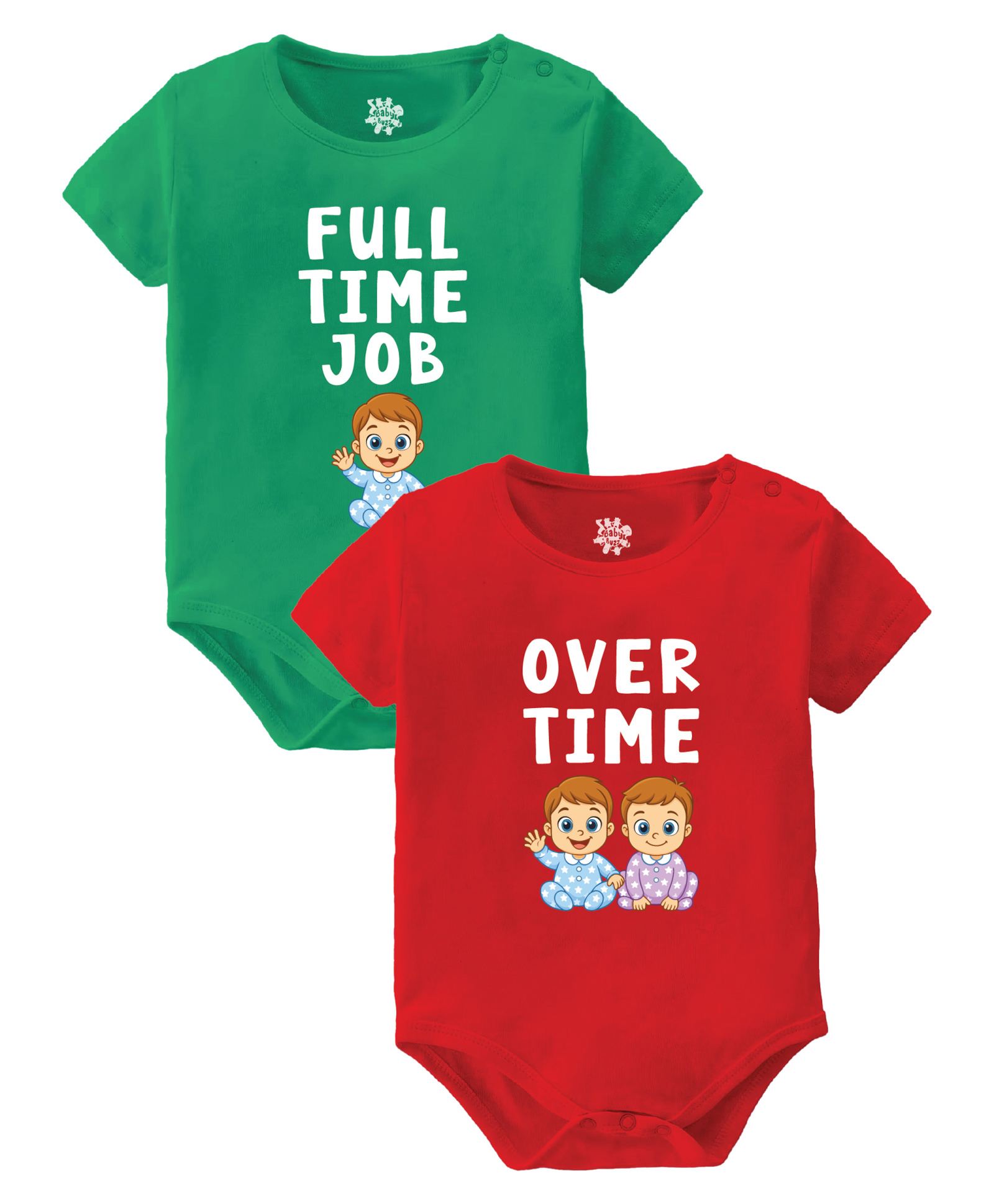 Baby Buzz Pack Of 2 100% Cotton Knit Twins Theme Half Sleeves Full Time Job & Over Time Text Printed Onesies - Red & Green-image-32