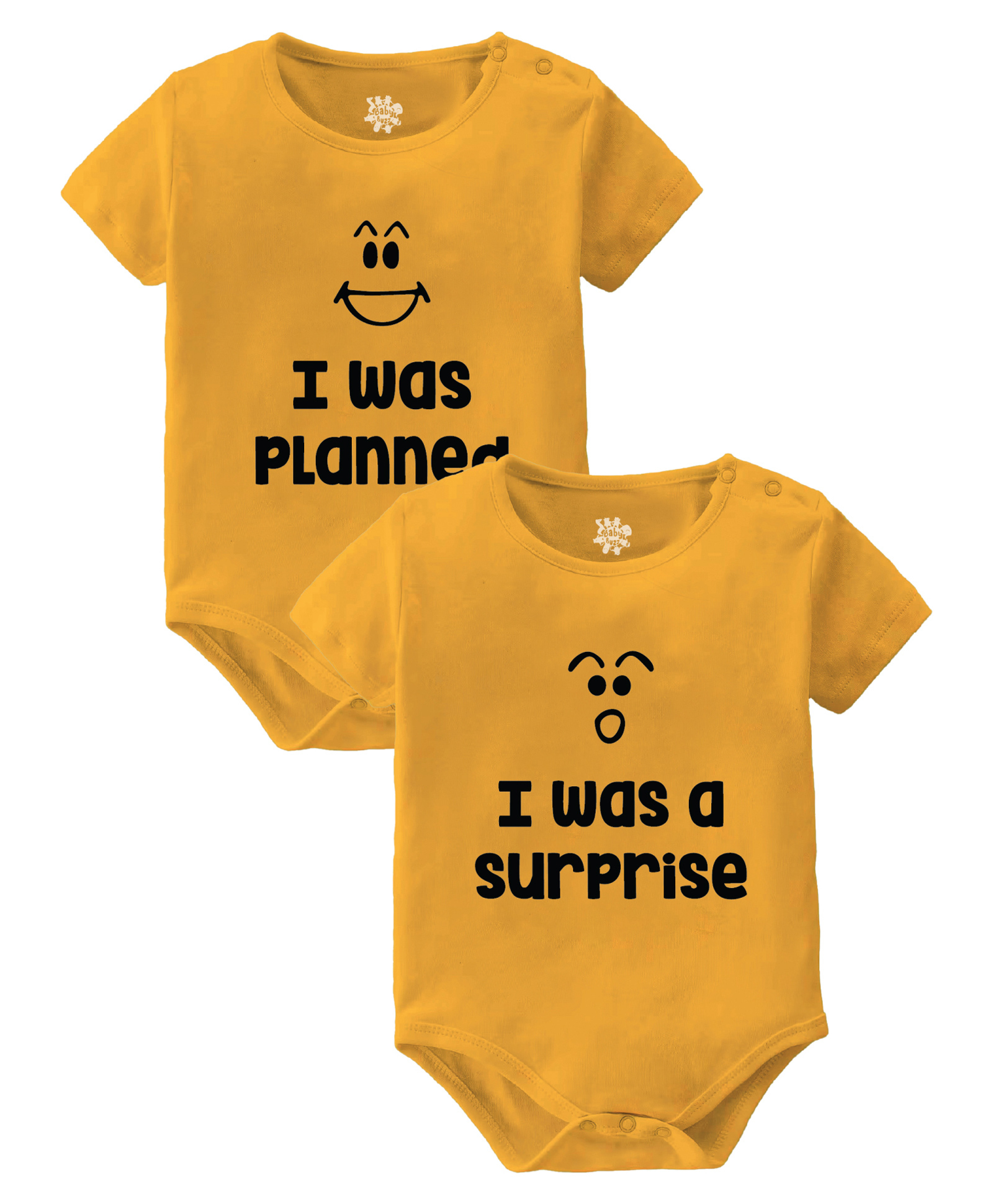 Baby Buzz Pack Of 2 100% Cotton Knit Twins Theme Half Sleeves I Was Planned & I Was A Surprise Text Printed Onesies - Yellow-image-47