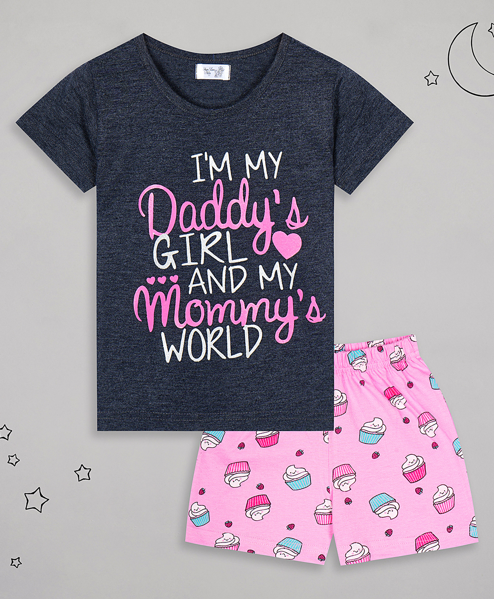 Sheer Love Cotton Jersey Knit Half Sleeves Typography & Cup Cakes Printed Tee & Shorts Night Suit Set - Blue & Pink-image-12