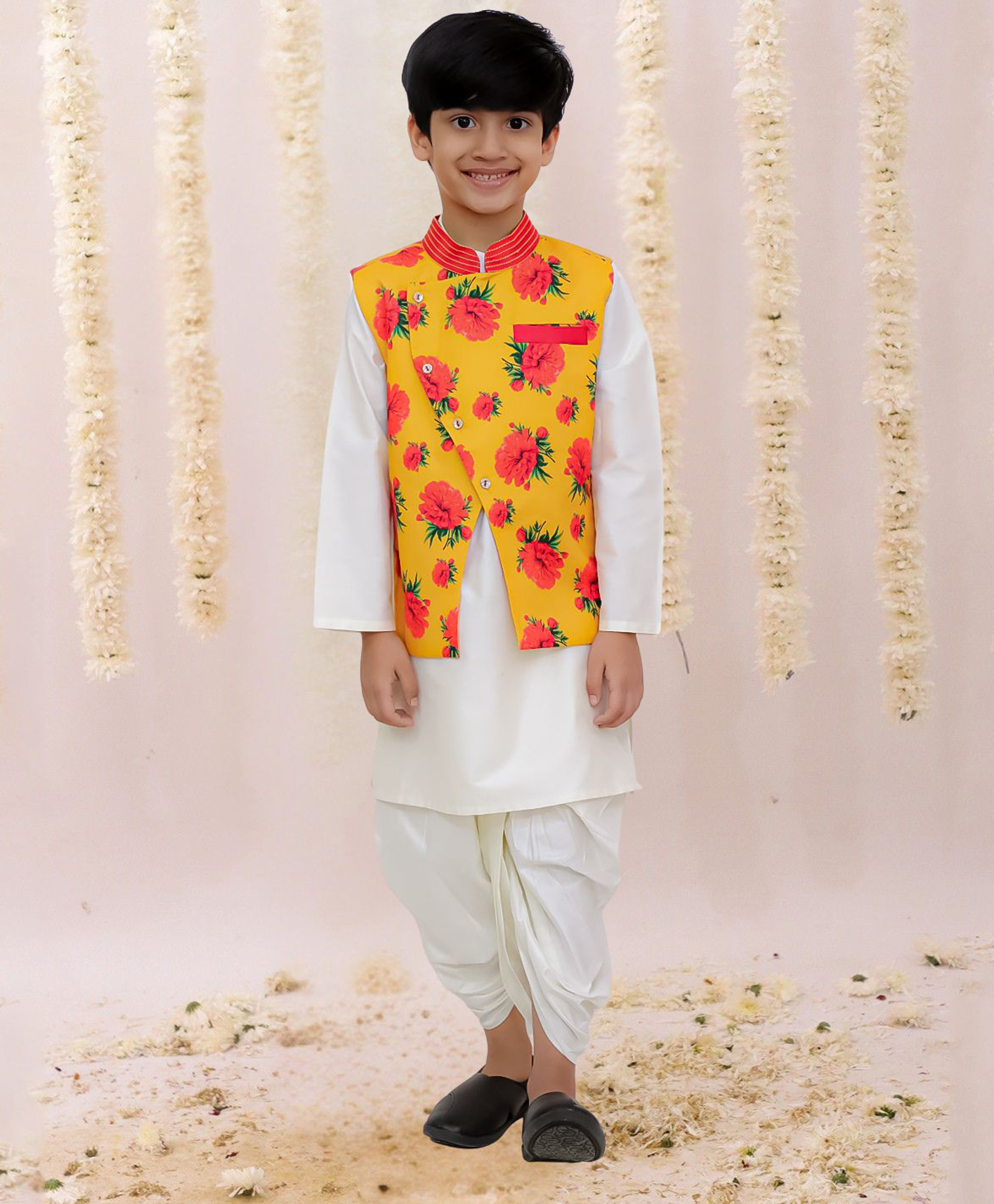 Lil' Drama Knit Full Sleeves Solid Dhoti & Kurta With Floral Printed Jacket Set - White & Mustard-image-41