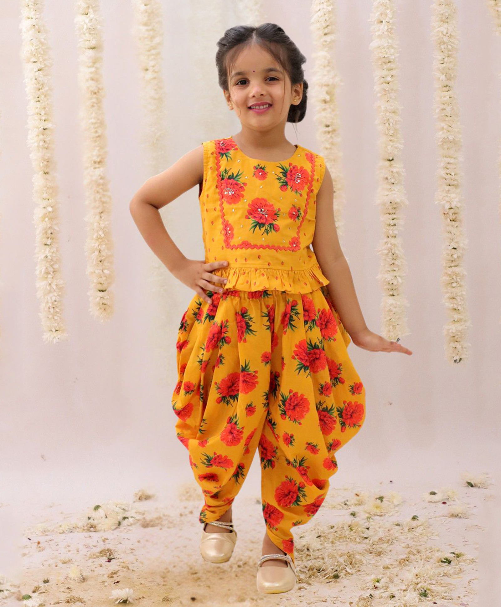 Lil' Drama Cotton Knit Sleeveless Floral Printed Sequins Embellished Top & Dhoti Set - Mustard-picture-26
