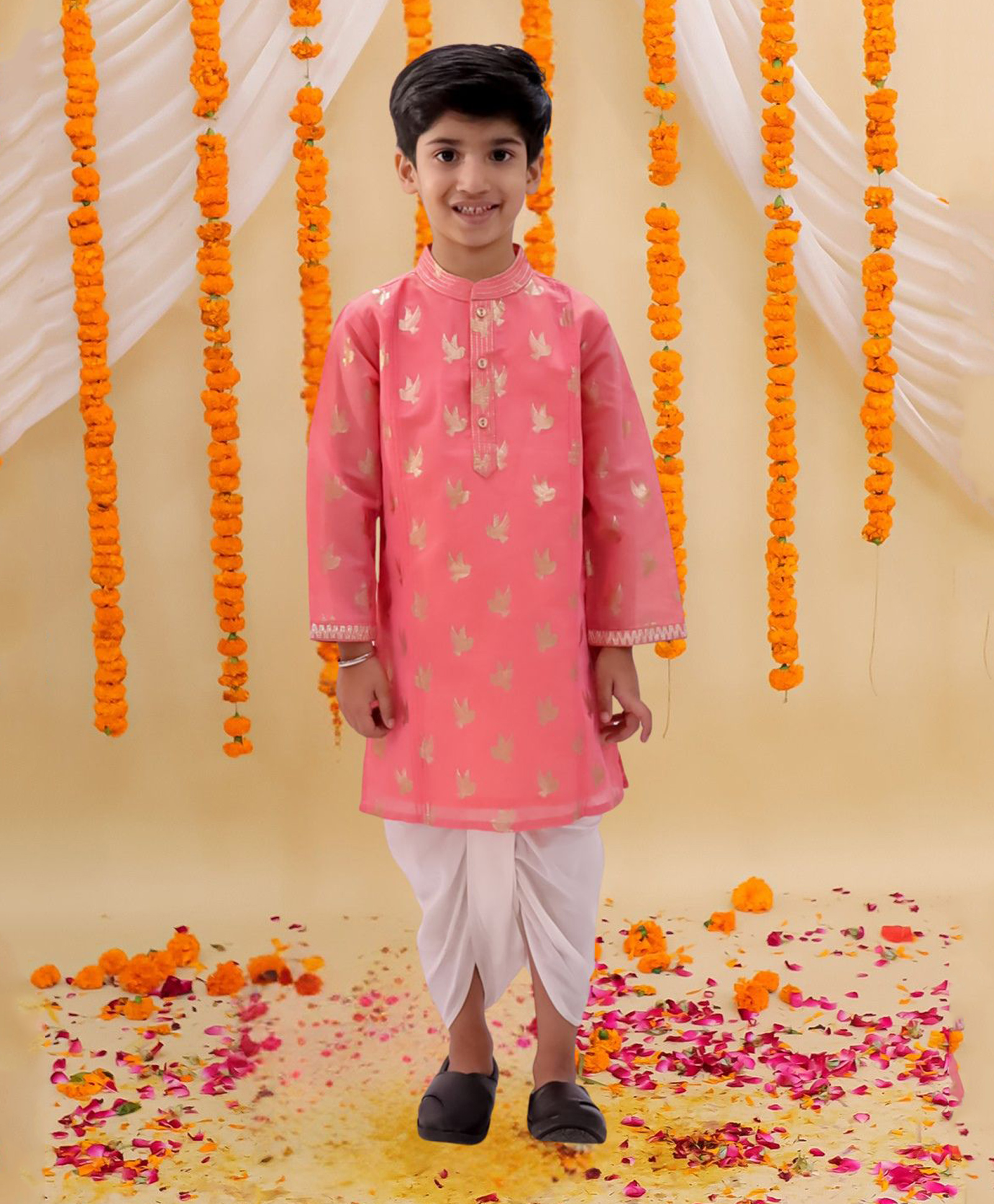 Lil' Drama Chanderi Knit Three Fourth Sleeves Foil Birds Printed Kurta & Dhoti Set - Peach-picture-21