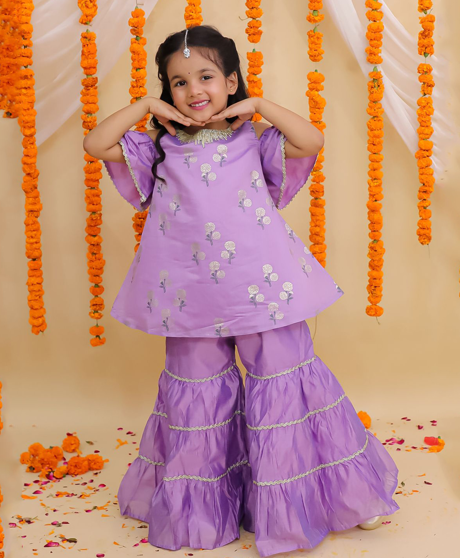 Lil' Drama Chanderi Knit Cold Shoulder Floral Foil Printed & Gota Lace Embellished Kurti Sharara Set - Purple-picture-24