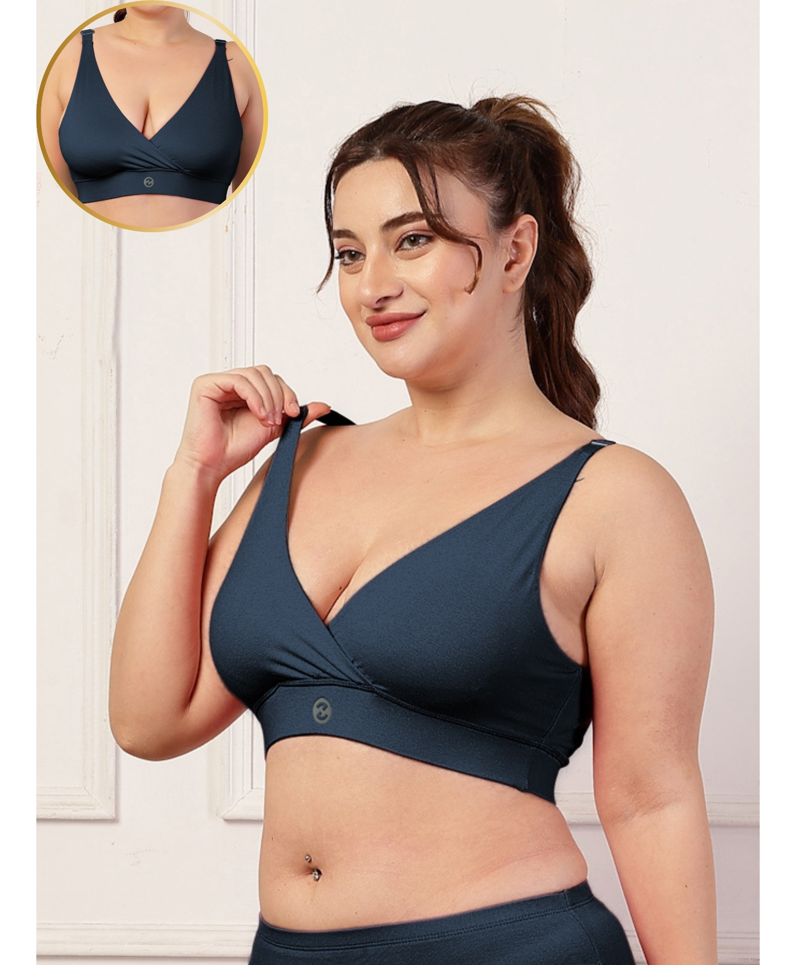 Zelena 90% Cotton 10% Elastane Knit Sleeveless Solid Nursing & Feeding Adjustable Strap Non Padded Bra - Navy Blue-picture-10